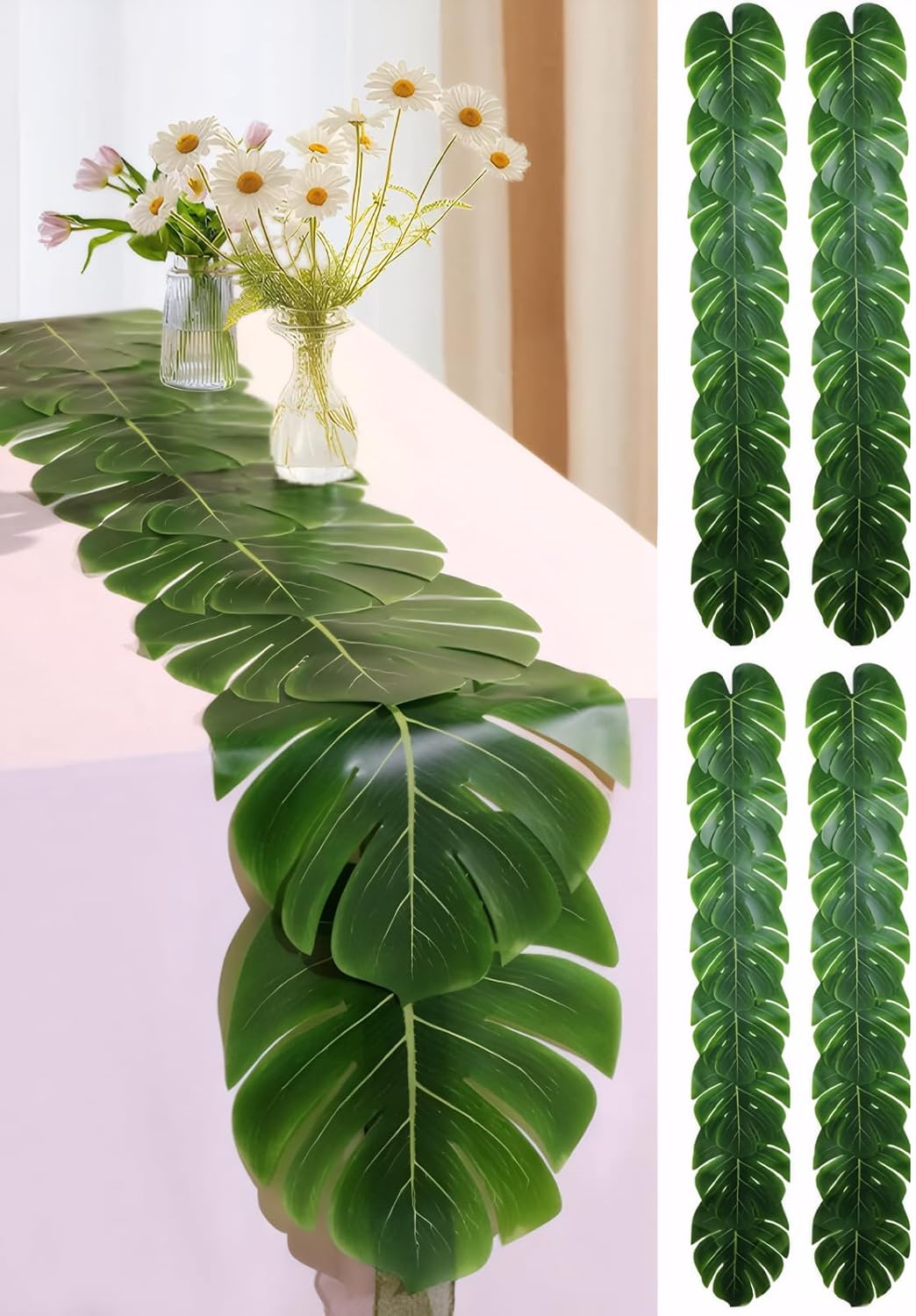 Artificial Palm Leaves Table Runners 72 Inch, Tropical Palm Leaves Table Runner Faux Leaf Table Cloth for Wedding Hawaiian Luau Theme Party Supply Summer Table Wall Decorations (6)