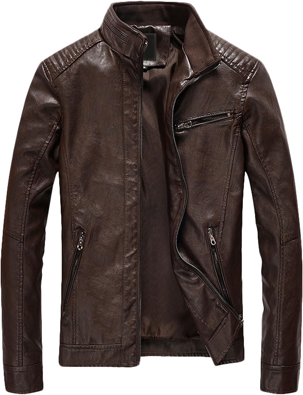 Men's Casual Zip Up Slim Bomber Faux Leather Jacket