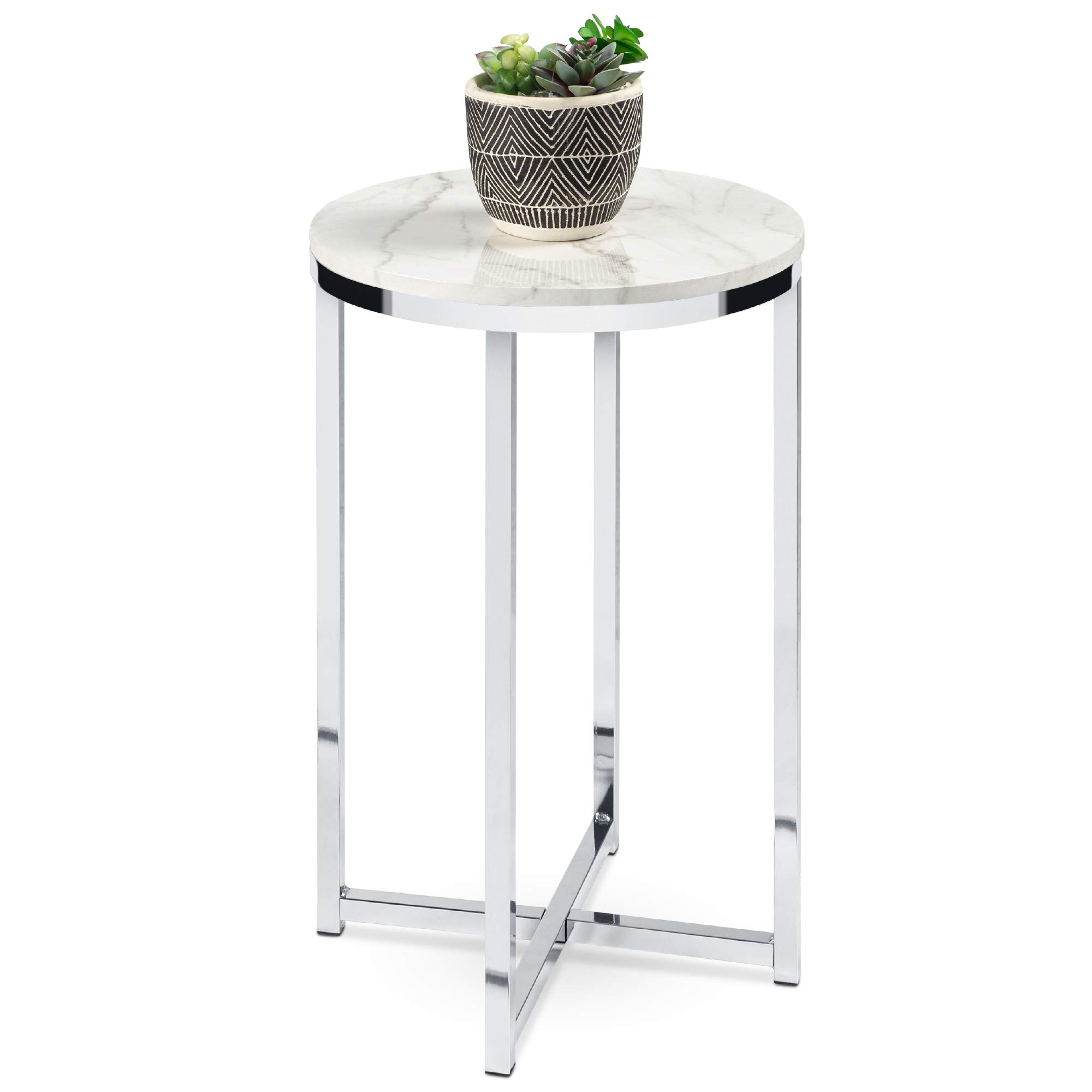 Best Choice Products16in Faux Marble Accent Table, Modern End Table, Small Coffee Table Home Decor for Living Room, Dining Room, Tea, Coffee w/Metal Frame, Foot Caps, Designer - White/Chrome