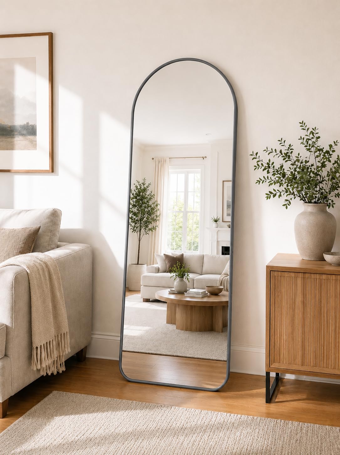 Large Arched Full Length Mirror 165 cm x 60 cm, Aluminium Frame, Wall Mounted or Standing Floor Mirror for Bedroom, Hallway & Living Room - Grey