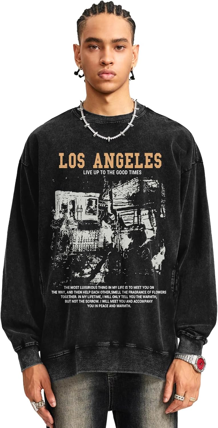Mens Oversized Crewneck Sweatshirt Vintage Los Angeles Graphic Washed Sweatshirts with Pockets Streetwear Pullover - Image 5