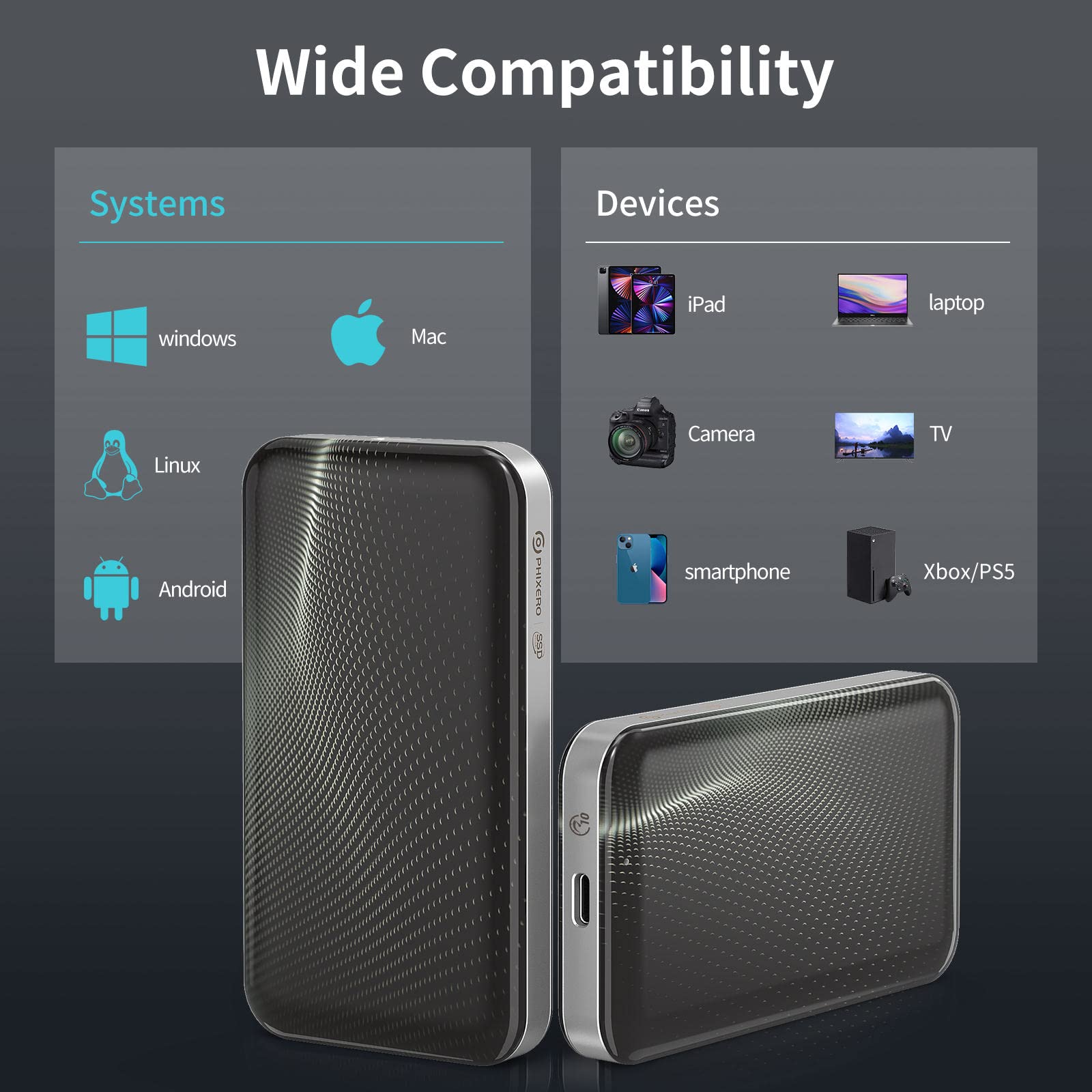 PHIXERO 512G Tragbare SSD, USB 3.2 Gen 2 bis zu 1050 MB/s externes Solid-State-Laufwerk, Hochgeschwindigkeits-Festplatte für Fotografen und Gaming, kompatibel mit PC, Laptop, Mac und PS4/Xbox