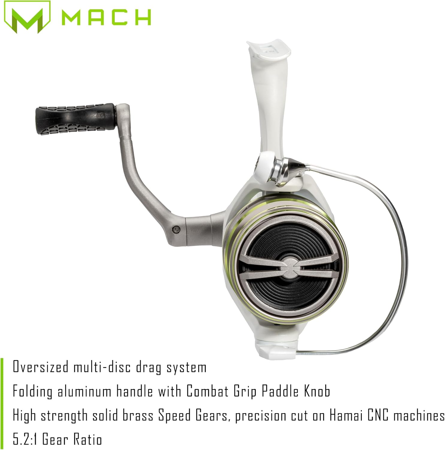 Lew's MACH 1 Spinning Fishing Reel, 9+1 Bearings, Graphite Frame, Speed Gears, Speed Lube, Multi-Disc Drag, Metallic White/Gray/Green