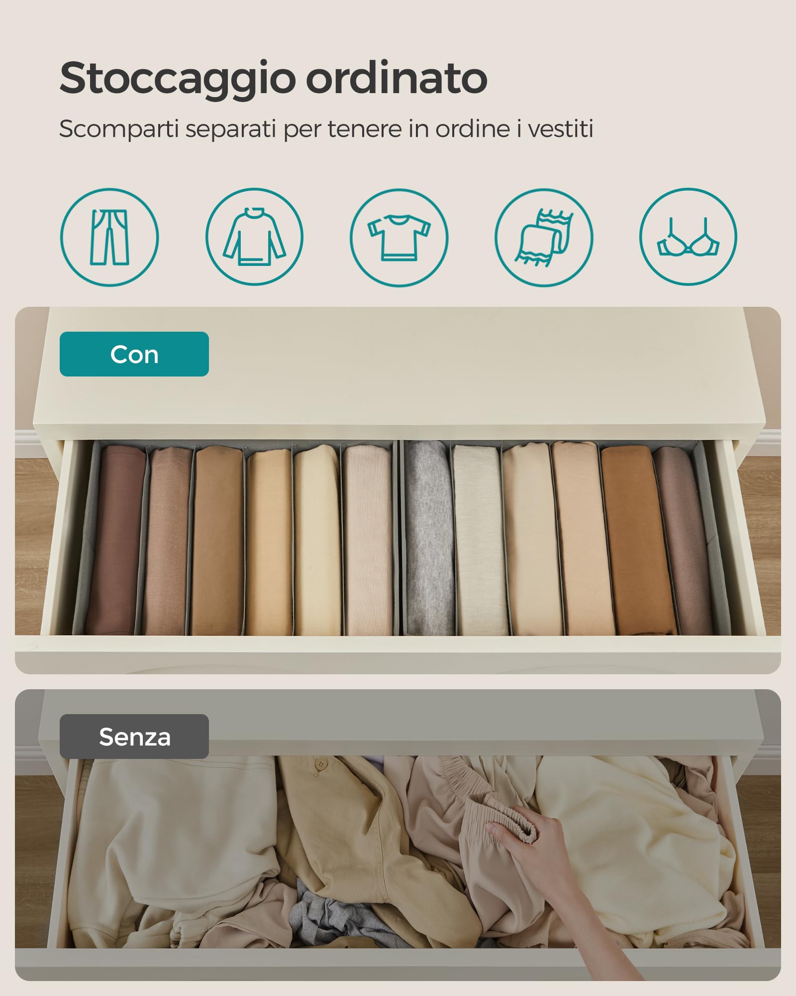 SONGMICS Set di 6 Organizer Cassetti a 6 Scomparti, Scatole per Biancheria Pieghevoli, Organizzatori Contenitori per Armadio Guardaroba, 42 x 30 x 17 cm, Pantaloni Vestiti, Grigio Tortora RUS009G03