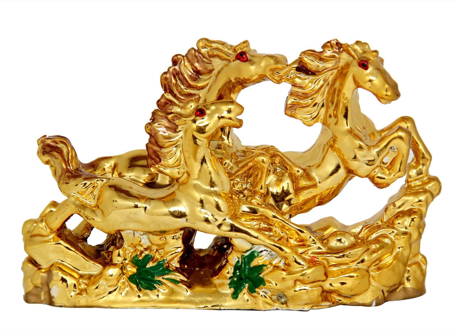 Feng Shui/Golden Three Running Horses for Victory Decorative Showpiece - 10 cm (Polyresin, Gold)