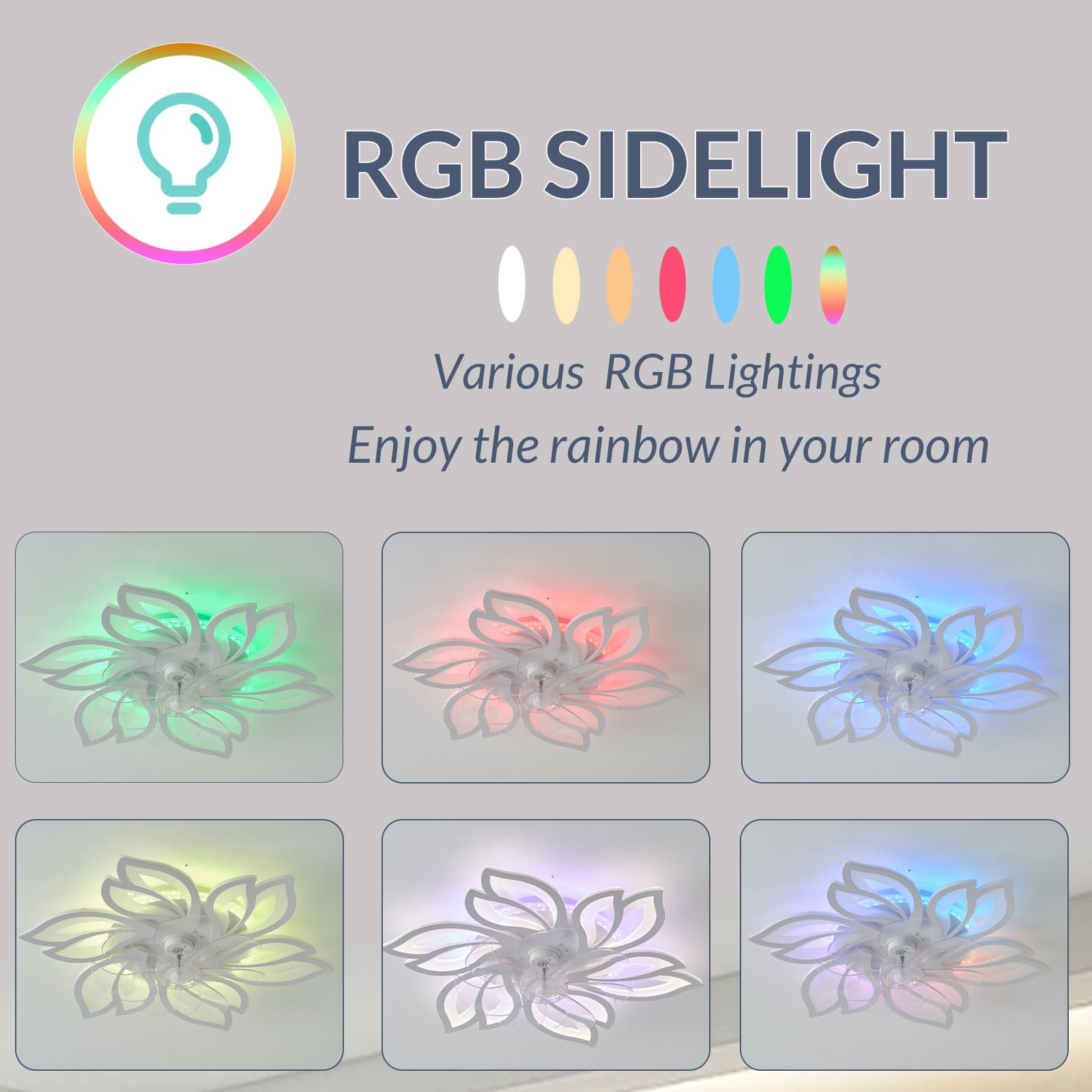 Ventilatore Da Soffitto A Forma Di Fiore RGB Con Luce E Silenzioso, Lampada A Sospensione Motore DC Dimmerabile A LED, Ventilateur De Plafond Con Luce E Telecomando, 6 Velocità