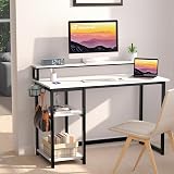 GreenForest Office Desk with Full Monitor Stand,100 cm Home Computer Desk with Reversible Storage Shelves,Small Study Desk with Headphone Hook and Cup Holder,White - 3
