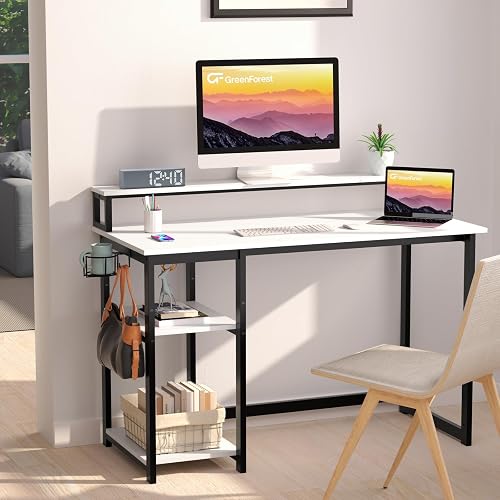 GreenForest Office Desk with Full Monitor Stand,100 cm Home Computer Desk with Reversible Storage Shelves,Small Study Desk with Headphone Hook and Cup Holder,White - 3