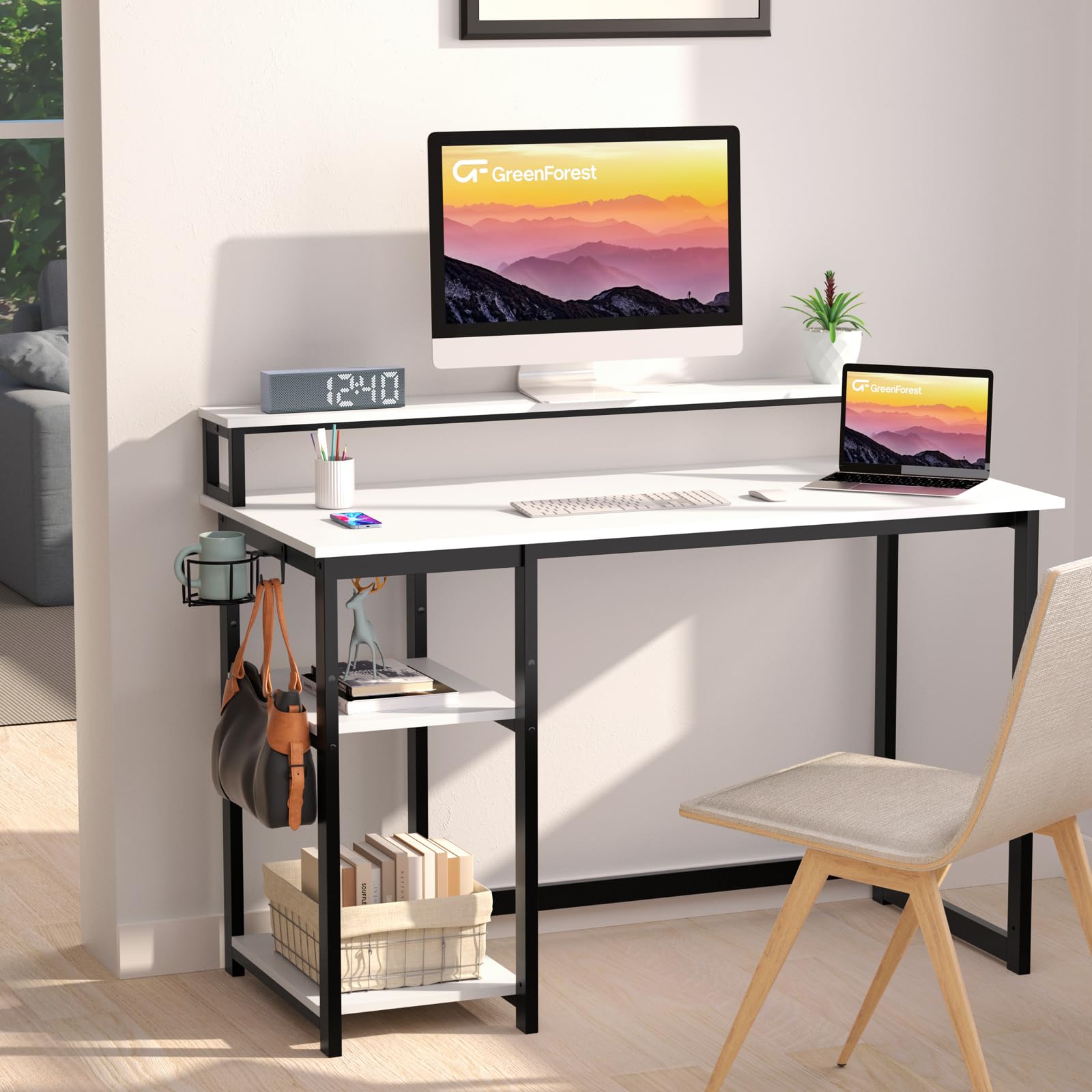 GreenForest Scrivania con Supporto per Monitor, Scrivania Gaming 100cm con Scaffali Reversibile, Scrivania PC Moderna Multifunzionale, Montaggio Facile, Bianca
