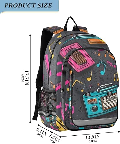 Miniatura 2 de Colorful Boombox Music Retro Backpack Lightweight Bookbag Travel Backpack College School Laptop Bag with Reflective Stripes