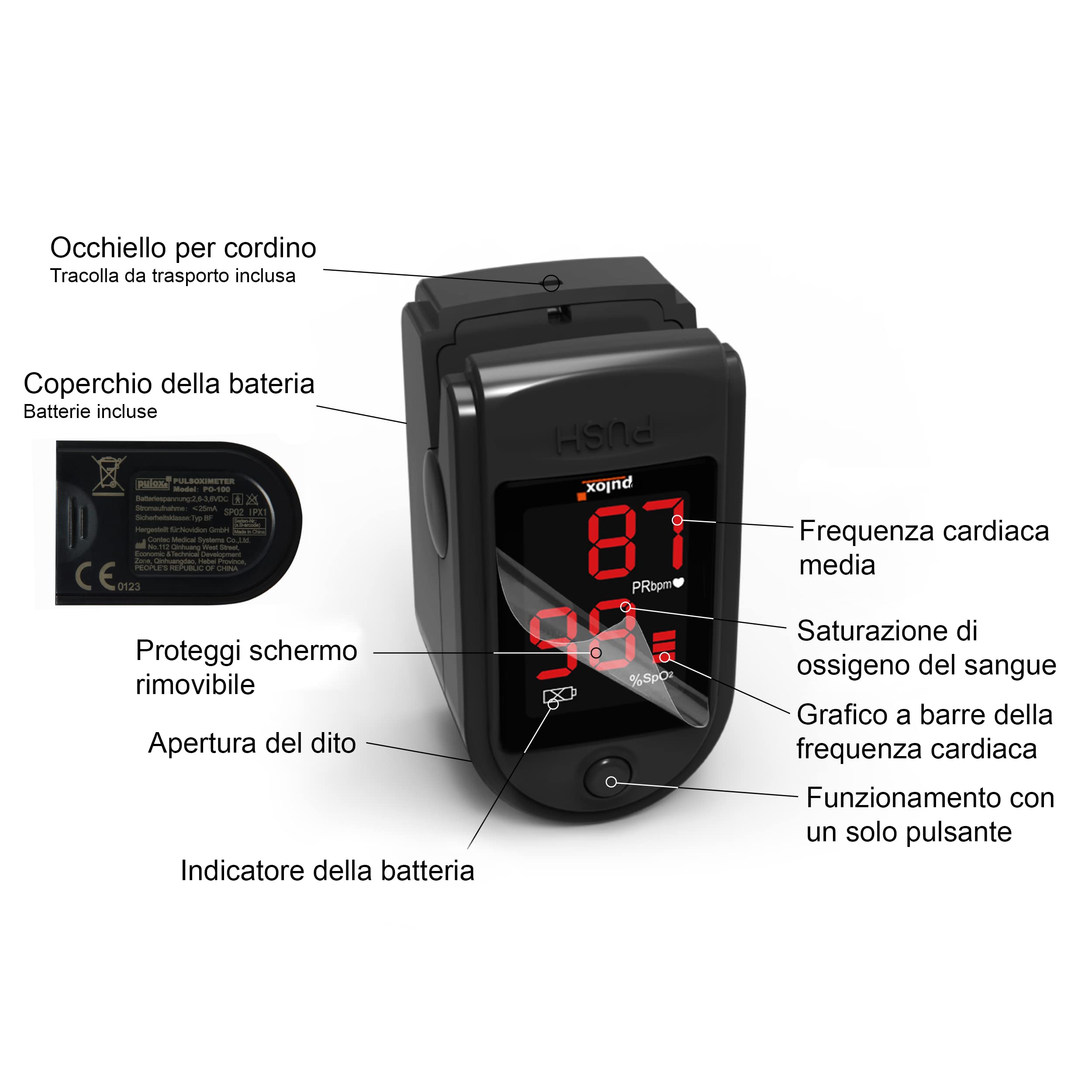 Pulsossimetro Pulox-PO-100 con display a LED saturimetro in colore nero