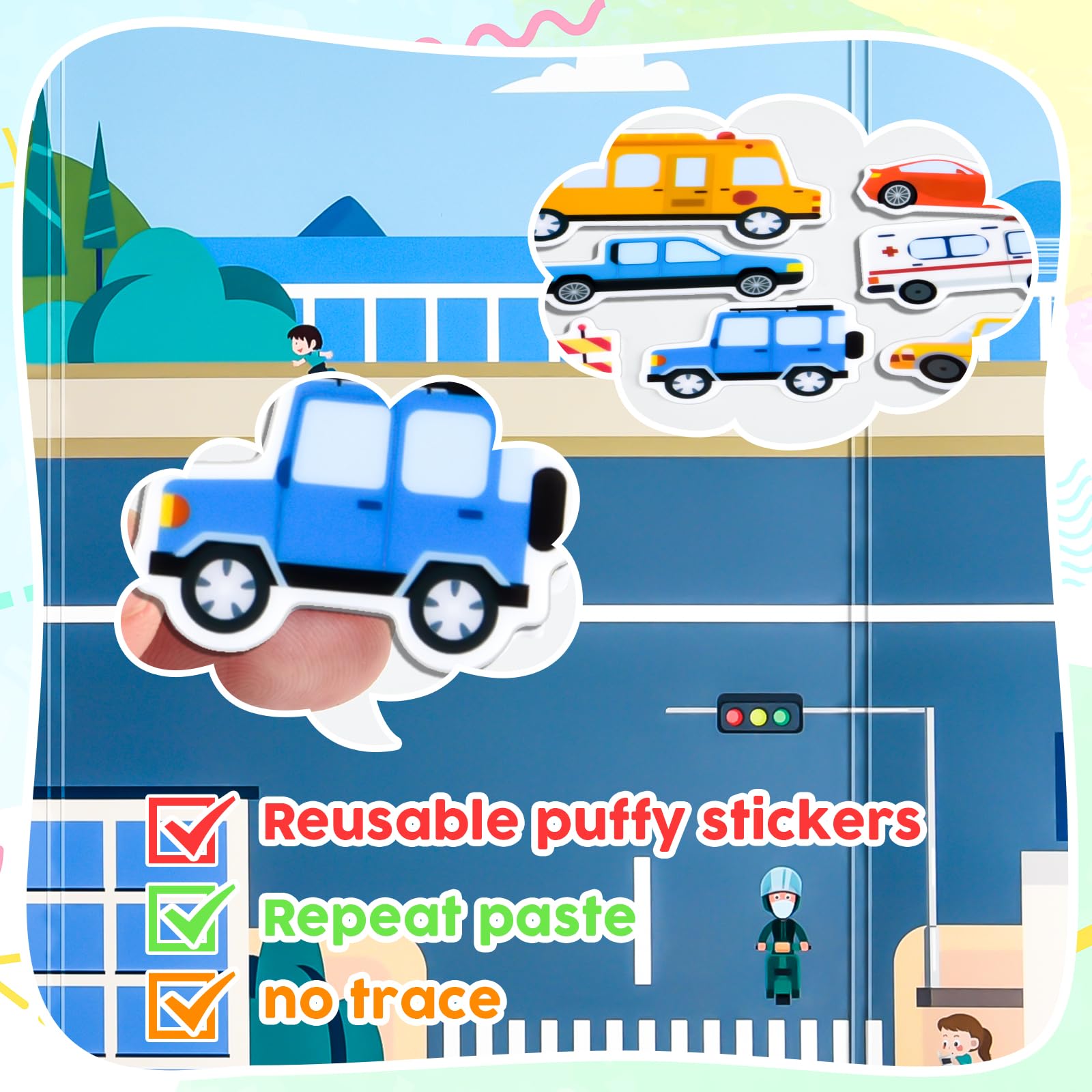 Libro Adesivi 3D Riutilizzabili Per Bambini - Giochi Educativi Con Veicoli E Scene - Foto 11