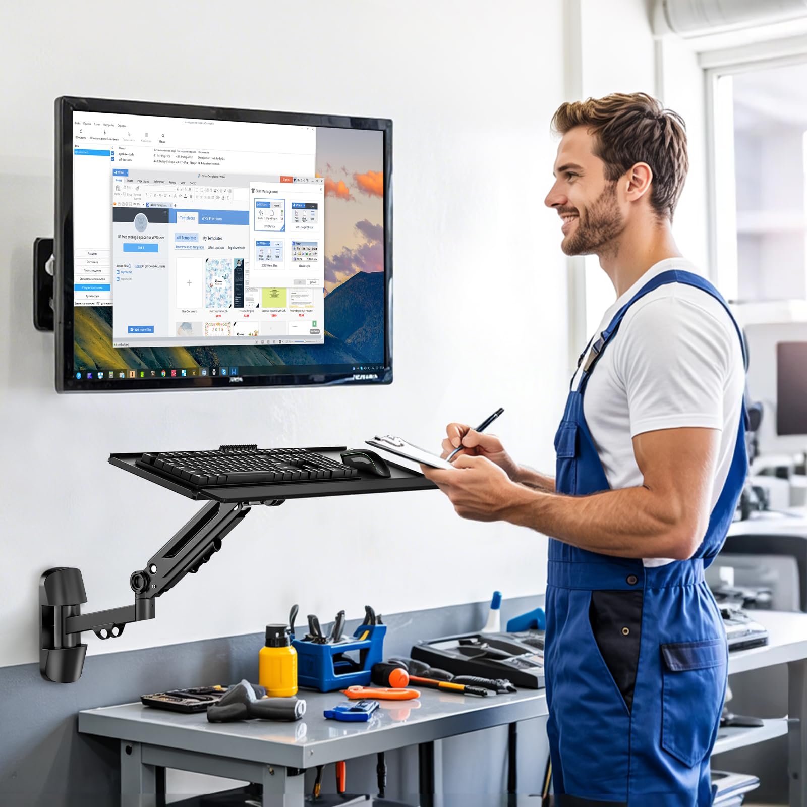 Supporto da parete per tastiera, mouse e supporto per monitor, piattaforma di digitazione regolabile in altezza, supporta fino a 12 kg, nero