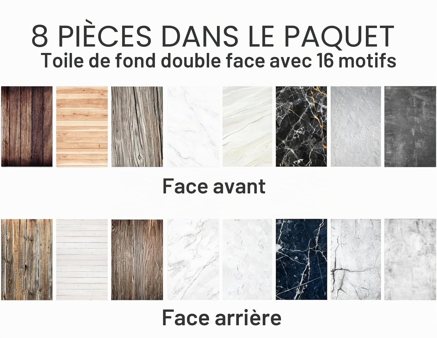 Lot de 8 Toiles de Fond pour Photographie avec Support, 16 Motifs, 86,4 x 58,4 cm, Double Face