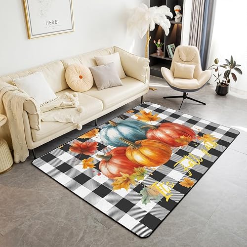 Alfombra de otoño de calabaza, alfombra de cuadrícula de búfalo, 3 x 5 pies, hojas de arce otoñal, alfombra que no desprende para sala de estar,