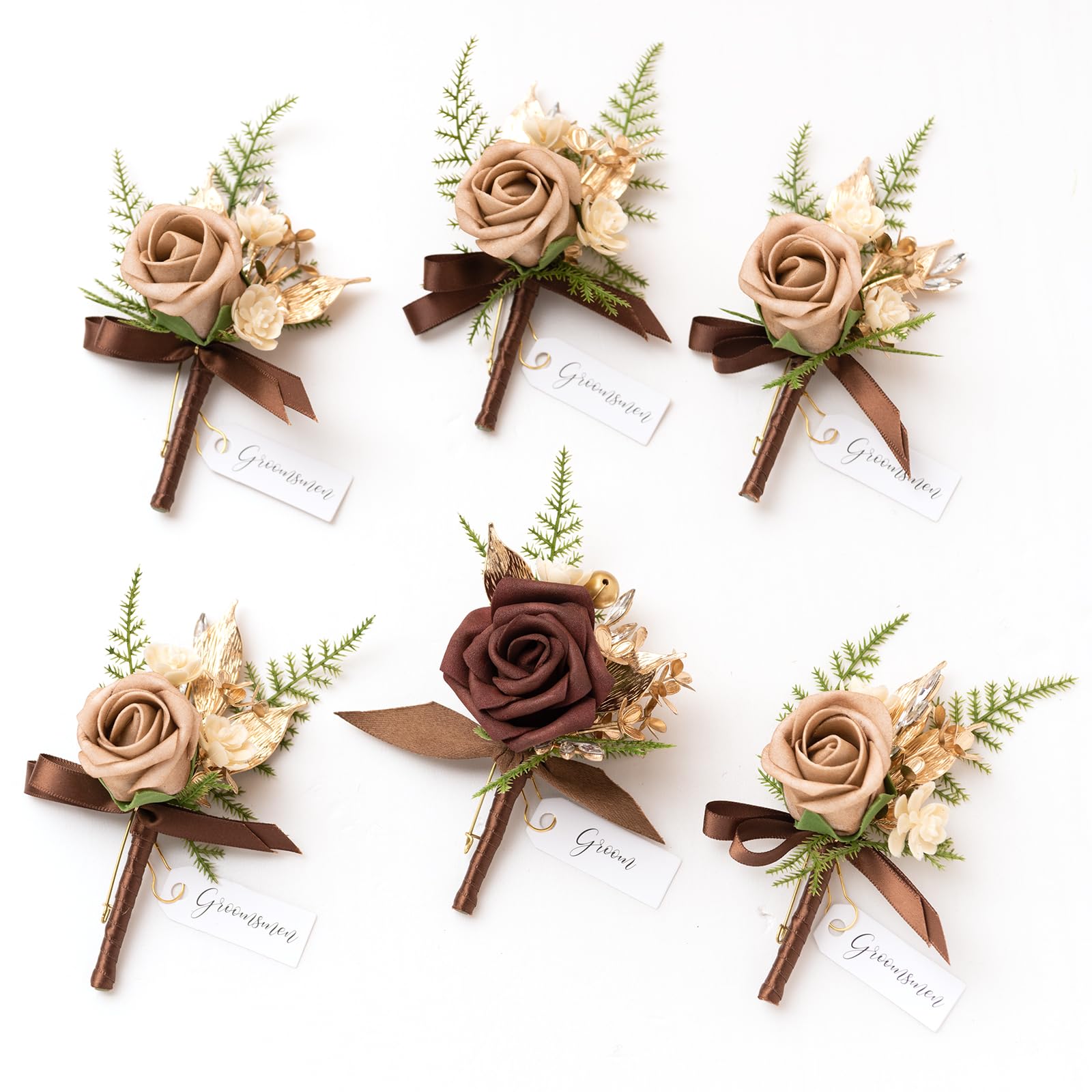Ling's moment Boutonniere for Men 6pcs Groom Groomsmen Boutonniere, Artificial Flowers for Wedding Decor/Prom/Homecoming