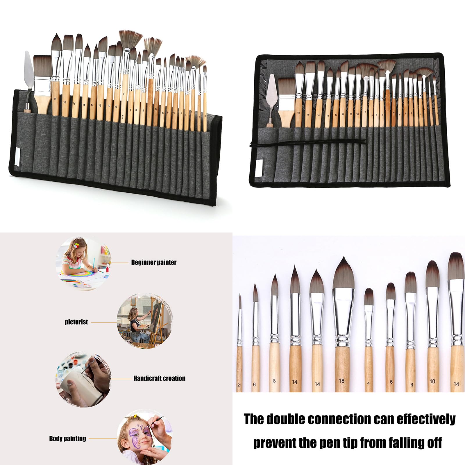 Lot de 24 pinceaux avec rouleau en tissu, pinceau aquarelle, pinceau en nylon pour les amateurs de peinture