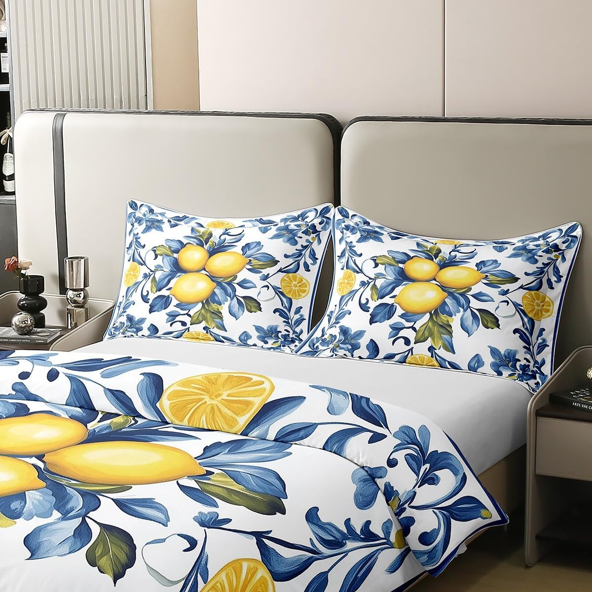 Manfei 3 Pieces Lemon Cotton Duvet Cover Sets(NO Comforter),Retro Farmhouse Lemon Trees Comforter Cover for Kids Adults Bedroom Decor,Blue Leaves Bedding Set,Botanical Plants Quilt Cover,King