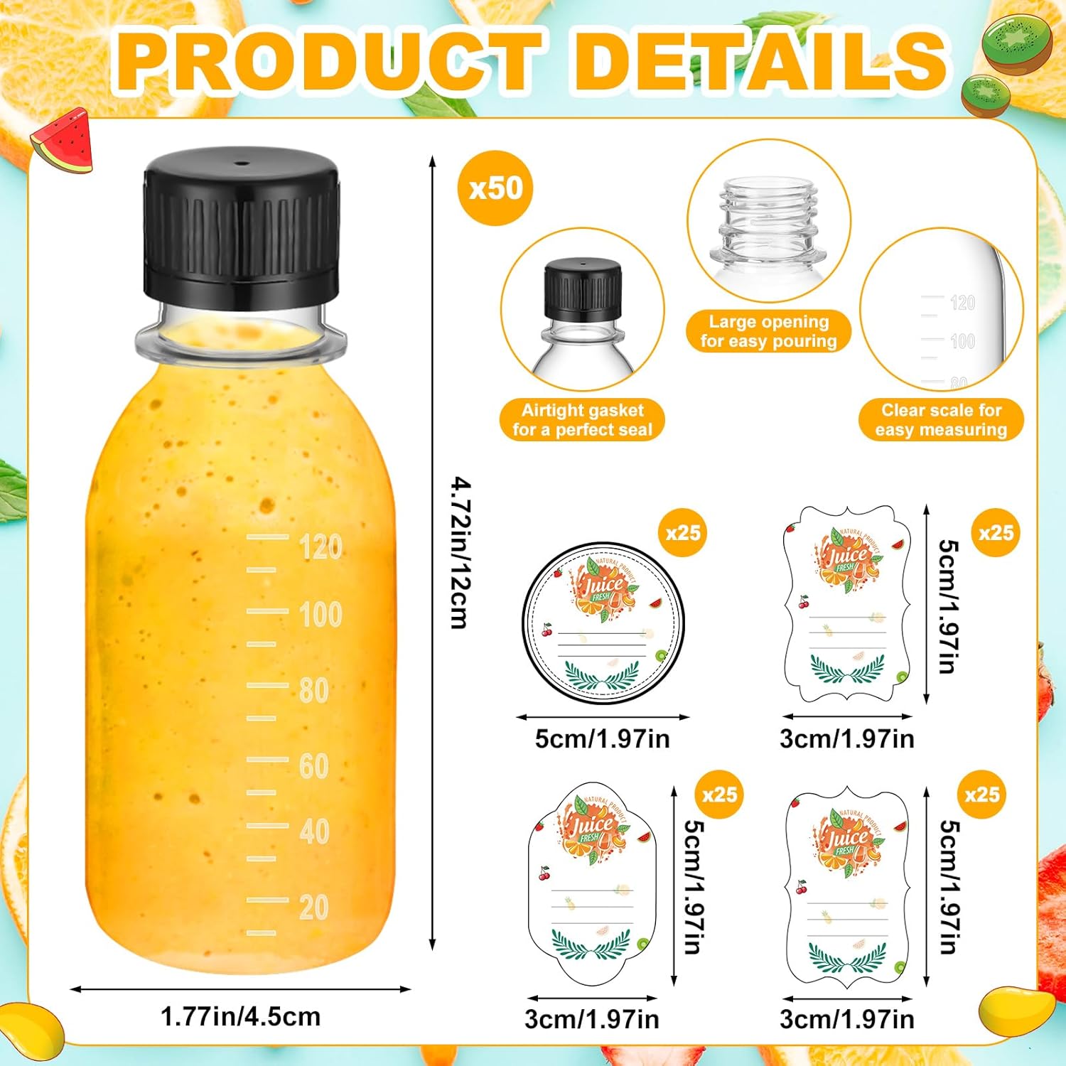 LemonRoad 50 Pcs 4 oz Small Plastic Juice Bottles with Black Cap Mini Reusable Clear Shot Jar with Lid Scale and Label for Ginger Liquid Drink Milk Beer Coffee Storage Container Portable Travel