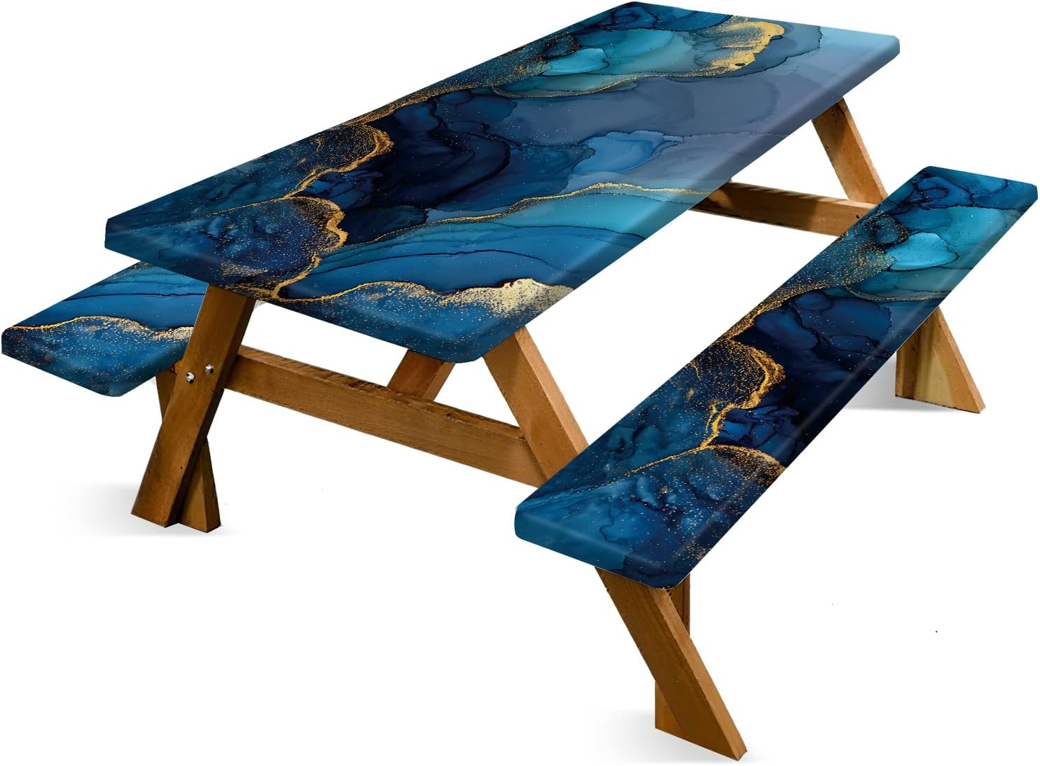Marble Picnic Table Cover with Table Cover, Elastic Tablecloth for Outdoor Picnic Tables, Blue Ocean and Gold Texture Design, Tablecloth for Camping, Barbecue and Terrace Dining
