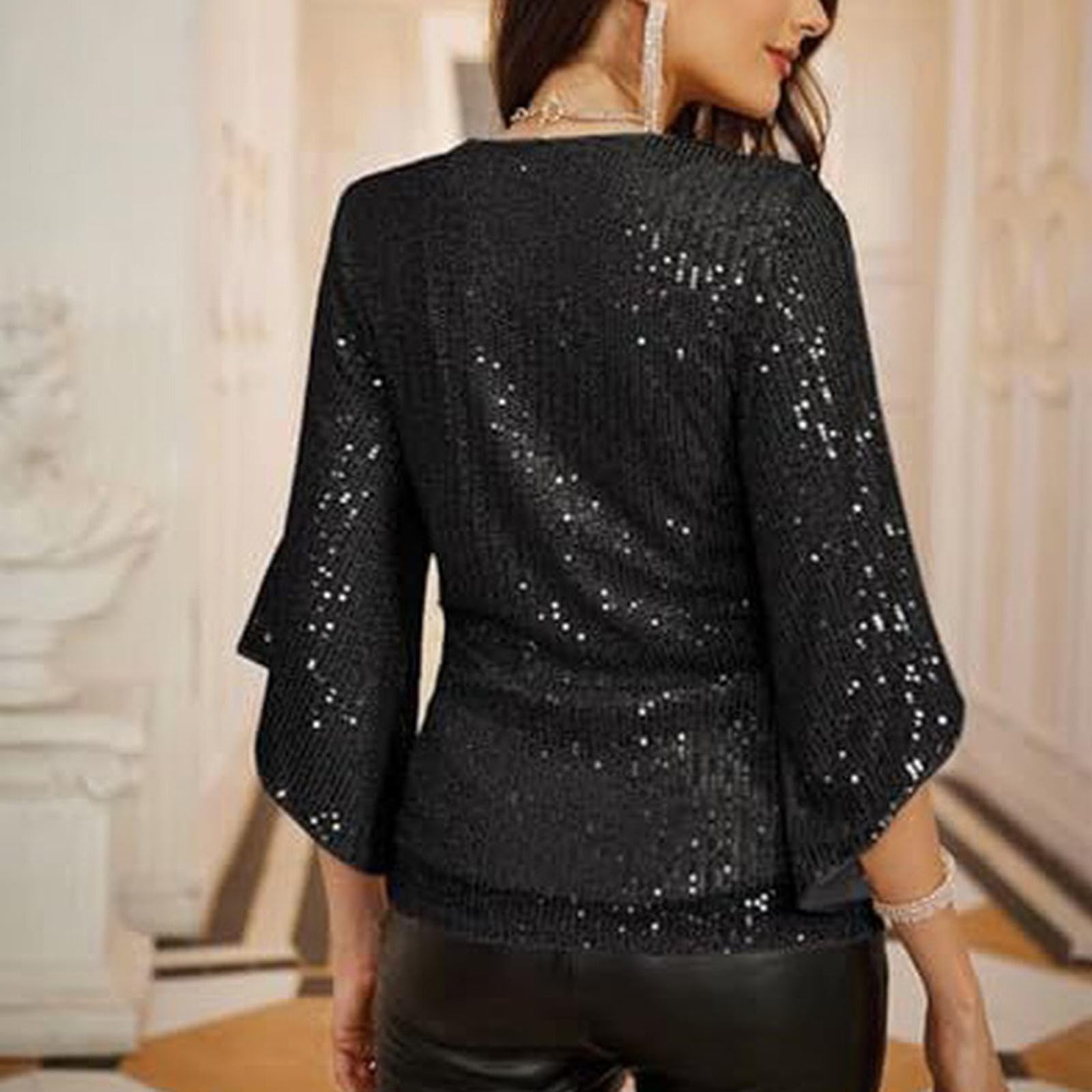 Camiseta con lentejuelas para mujer, talla grande, manga con volantes, camiseta informal holgada, alta color liso, camiseta de fiesta, camiseta de carnaval, camiseta de mujer, cuello en V, chic