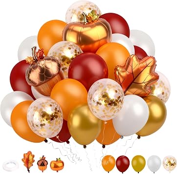 Semato 53 Pcs 12 Inch Fall Balloons Fall Party Decorations Burgundy Orange White Gold Confetti Balloons for Autumn Harvest Happy Thanksgiving Day Party Supplies