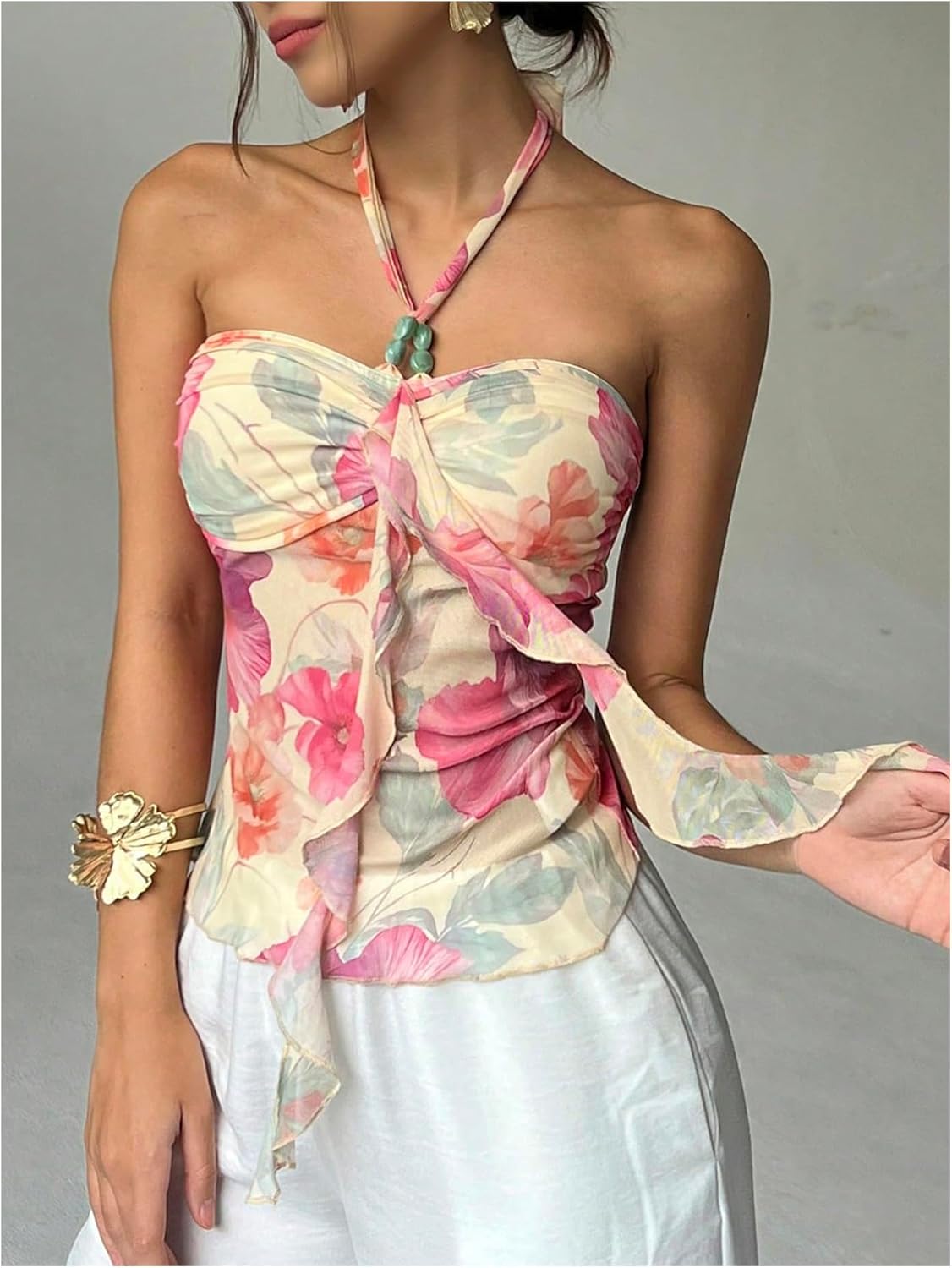 MakeMeChic Women's Floral Halter Tops Tie Backless Ruched Fitted Summer Tank - Image 5