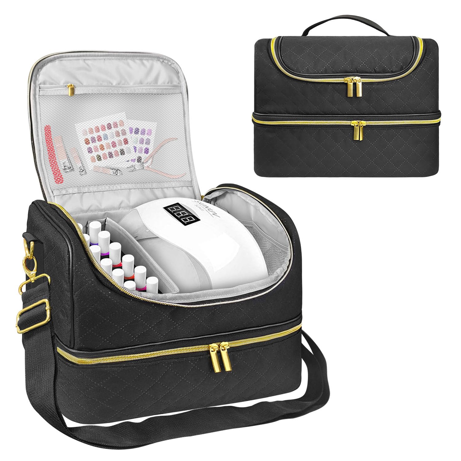 Estuche de transporte de esmalte de uñas, bolsa de almacenamiento de esmalte de uñas de doble capa, se adapta a lámpara secadora de uñas y 60 botellas (15 ml), bolsa organizadora de esmalte de uñas
