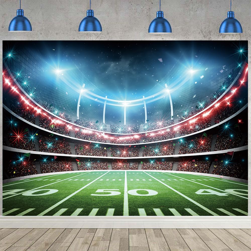 Football Field Backdrop Sports Stadium Auditorium Light Photography Background Football Theme Party Decoration Cake Table Banner 10x8FT(120x96 inch)