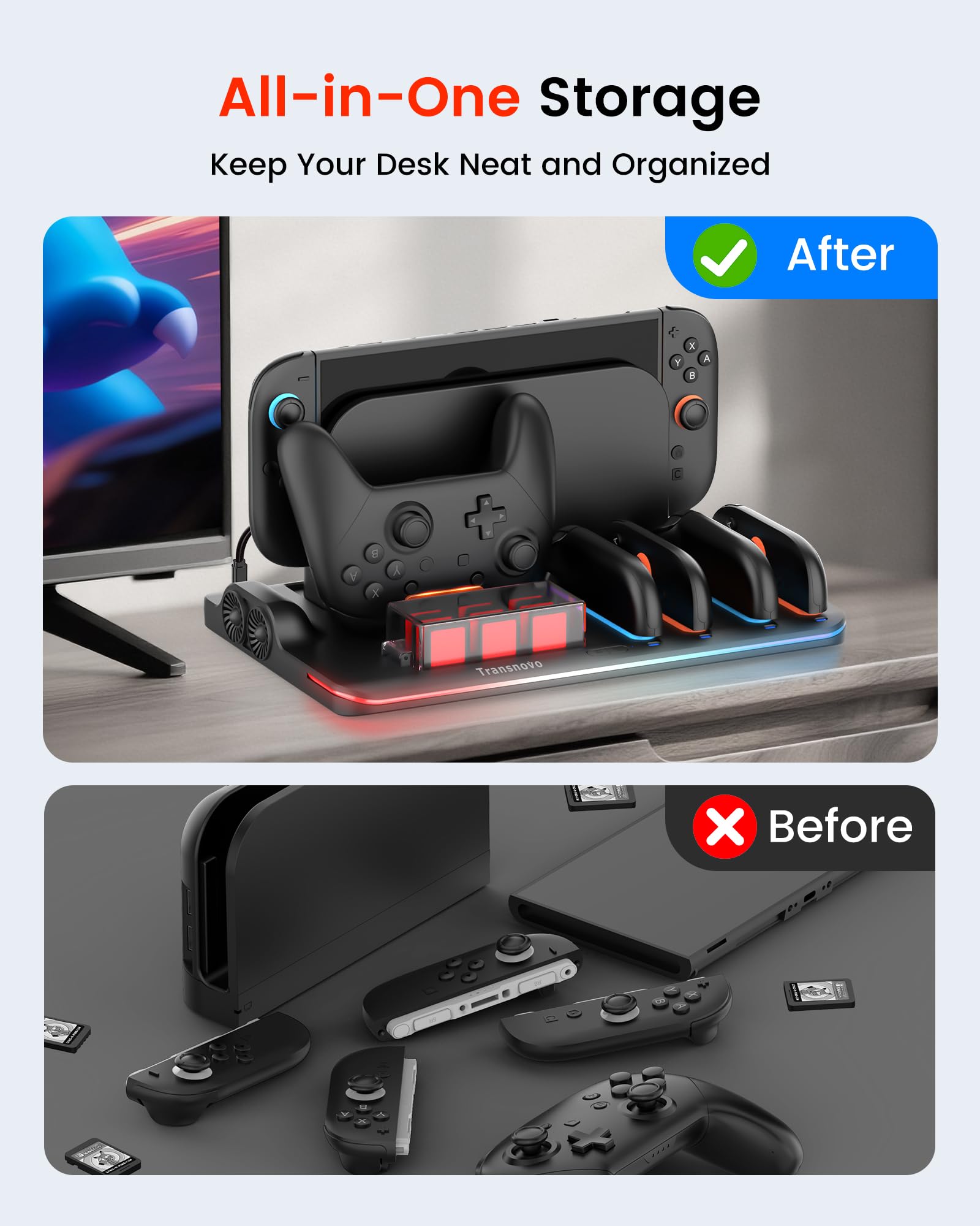 Transnovo Base de Carga para Switch 2 Consola Accesorios, Joycon & Mando Pro, Cargador Mando Switch 2 con Ventiladores, 9 Ranuras para Cartas, LED & 9 Modos RGB, Protección Inteligente