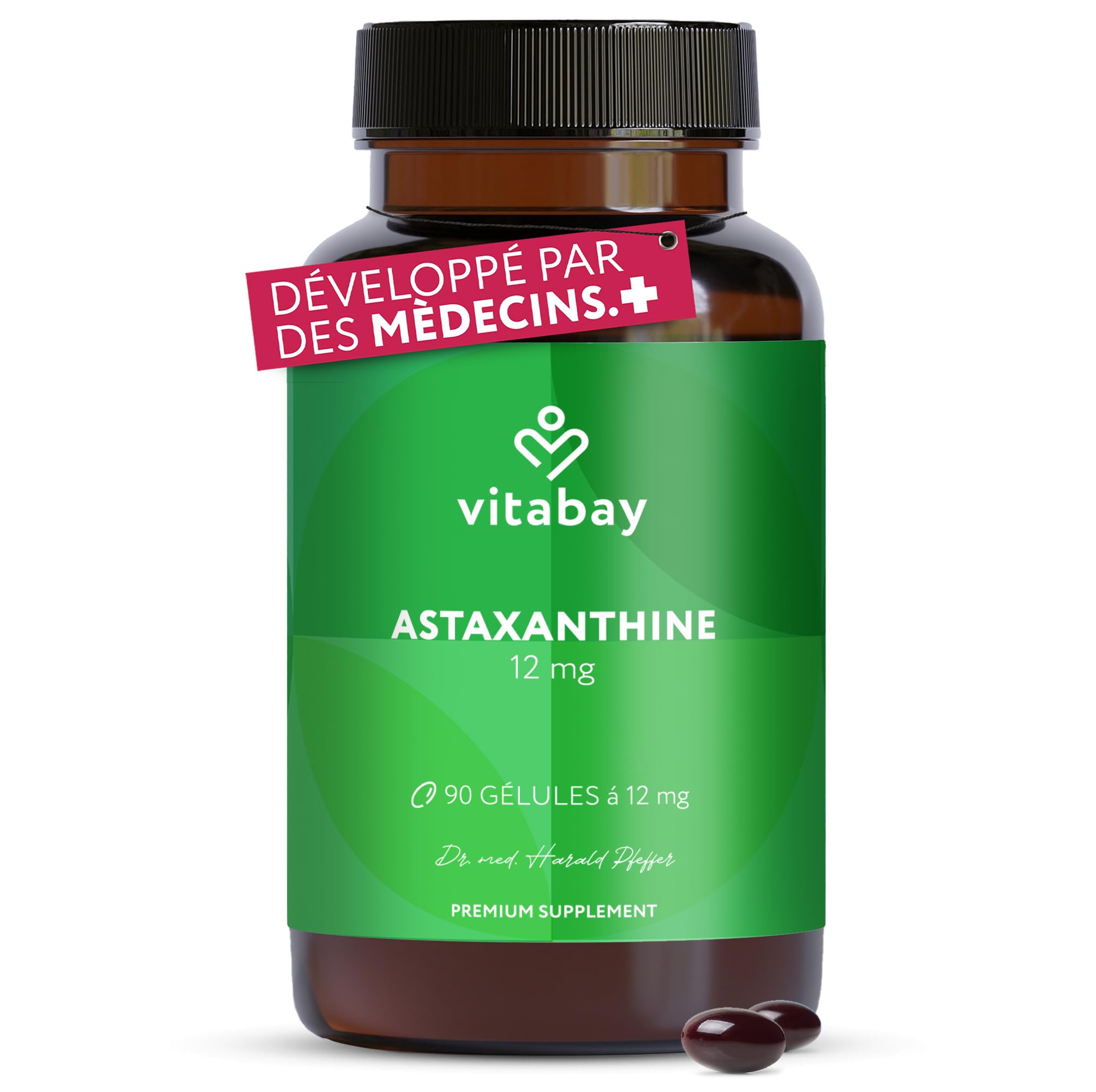 Vitabay Astaxanthine 12 mg hautement dosée – 90 capsules softgel véganes – testée en laboratoire & sans additifs – naturellement issue d’extrait d’algue Haematococcus pluvialis – réserve pour 6 mois