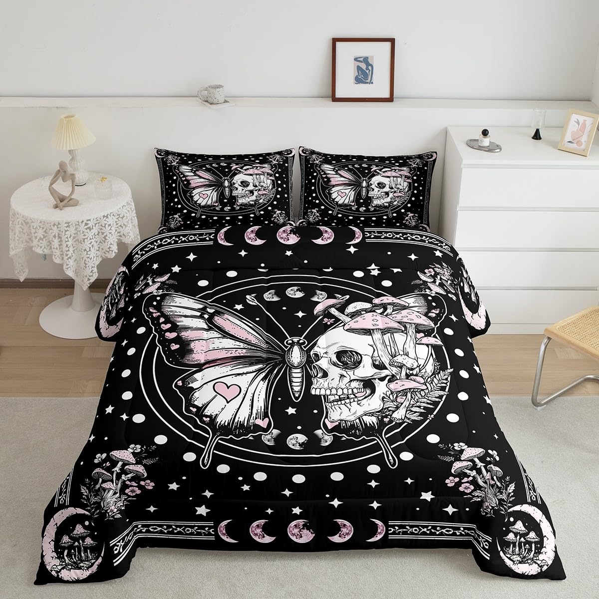 Parure de lit gothique tête de mort et lune avec housse de couette et taies d'oreiller noires