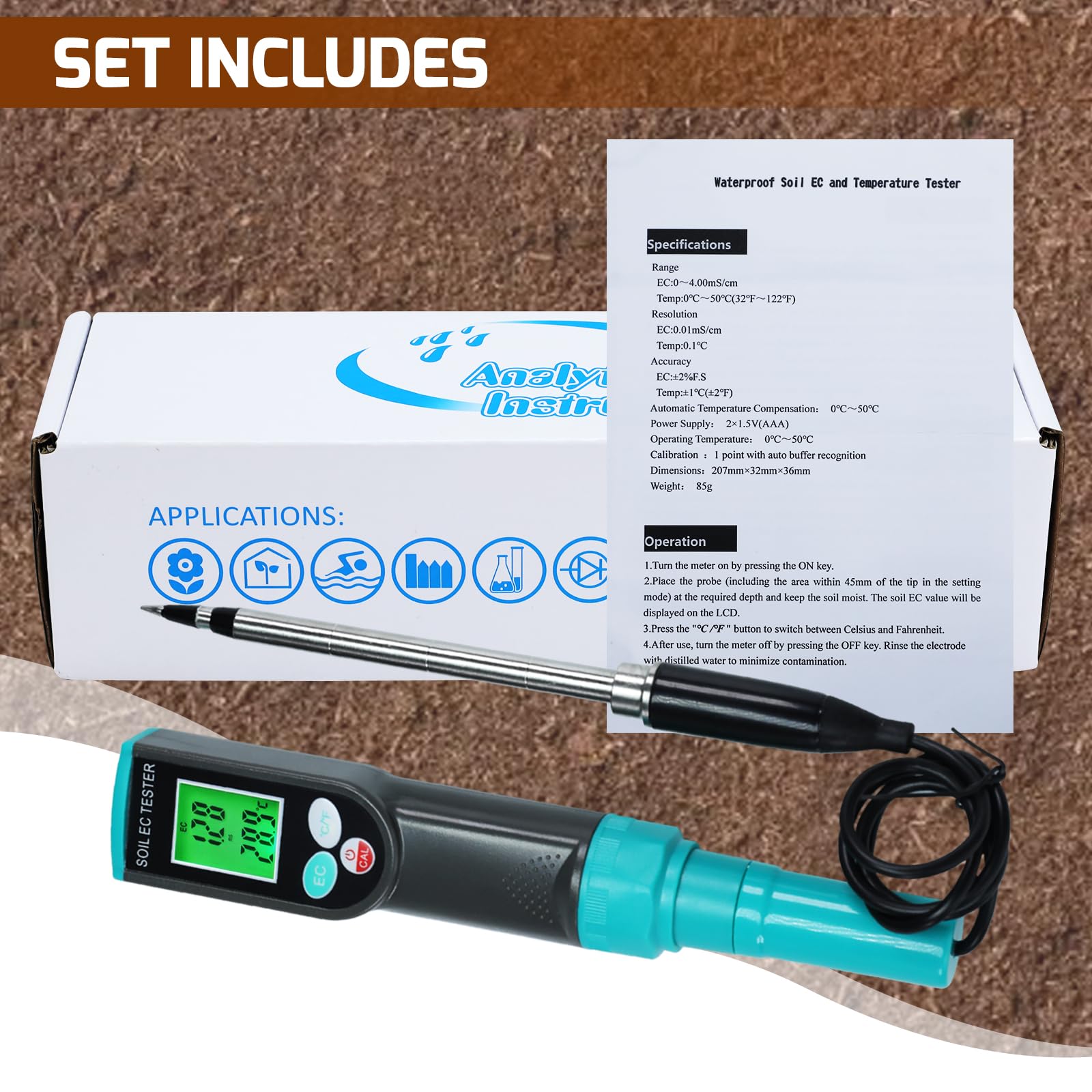 Medidor Portátil de CE y Temperatura del Suelo - Analizador de Fertilidad y Conductividad para Plantas, Jardinería, Invernaderos (Interior/Exterior) IP67