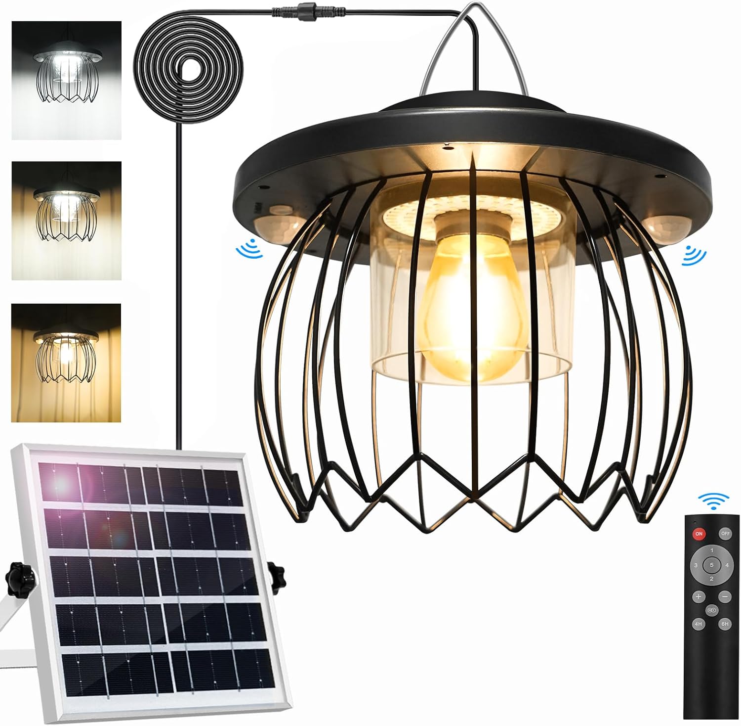 Solar Pendant Lights for Outdoor and Indoor,Solar Powered Shed Light, Motion Sensor, Remote Operated, 5 Mode Options, Warm & Cool White, Waterproof for Garage, Patio, Garden, Barn