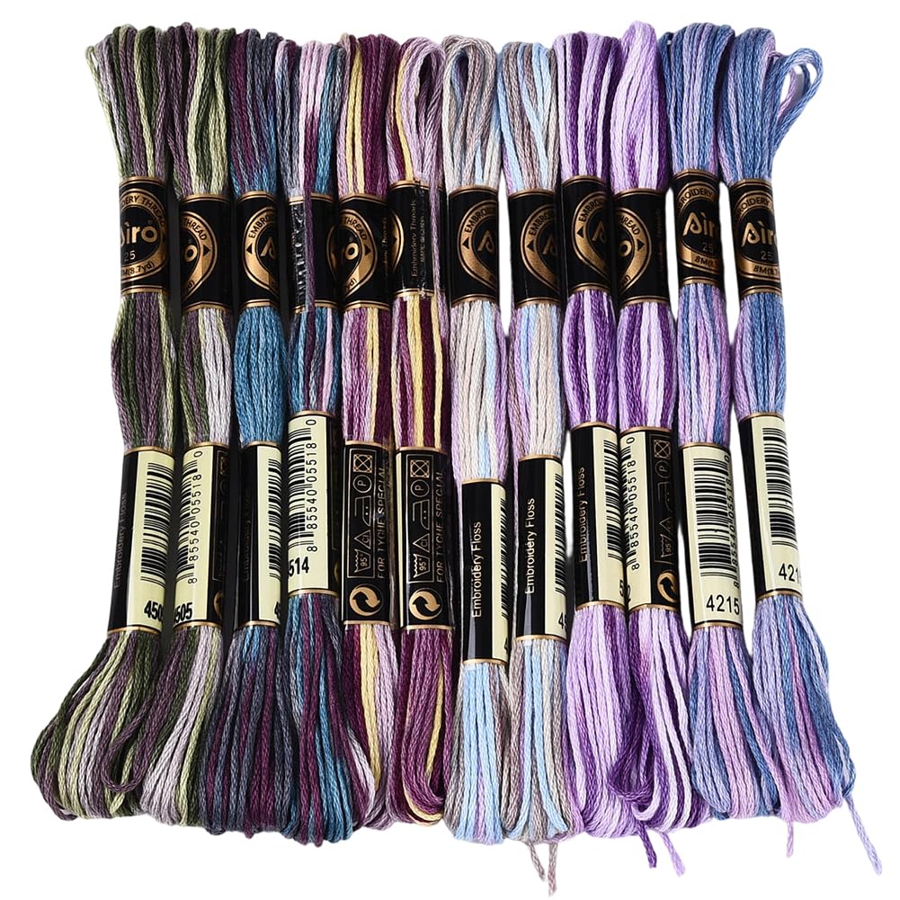 CABODYALS 12 Skeins 96M Purple Embroidery Thread Variegated Cross Stitch Floss Bulk 6 Ply Polyester Yarn Colorful Friendship Bracelet String for Sewing Making Needlecraft Knitting Stitching Diy