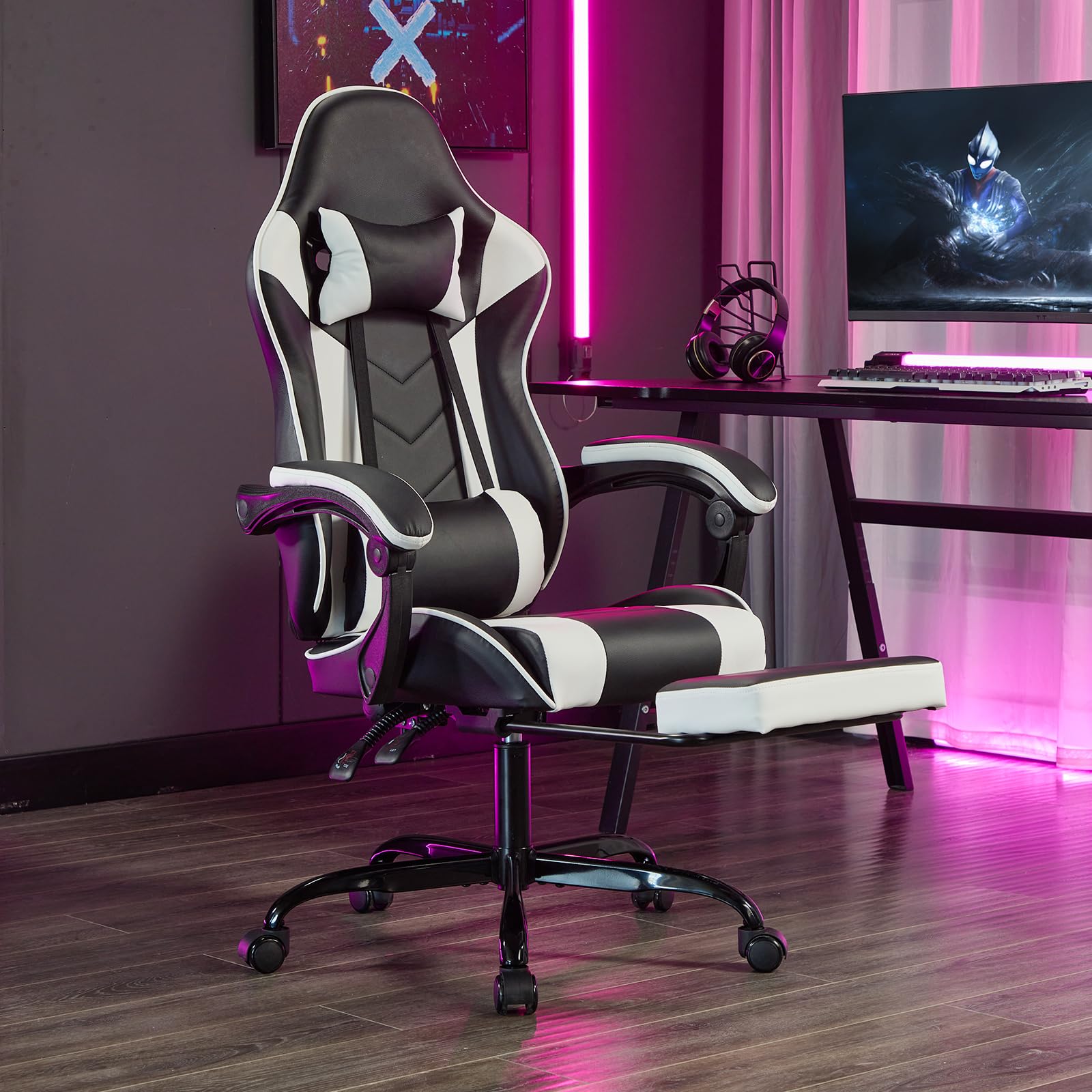 Black Ergonomic Gaming Chairs for Adults, Swivel Height Adjustable Comfortable Office Desk Chair with Footrest and Lumbar Support, PU Upholstered Computer Chair with Headrest (Black White)