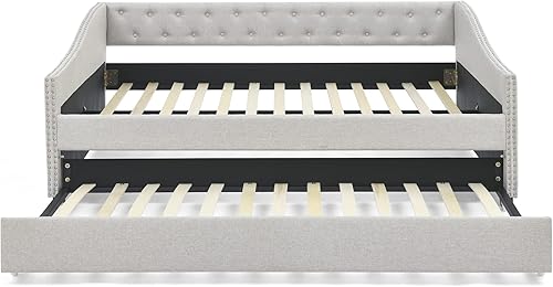 Miniatura 8 de LZ LEISURE ZONE Sofá cama tamaño matrimonial con cama nido tamaño individual, sofá cama tapizado capitoné, con botón en la parte trasera y clavos de