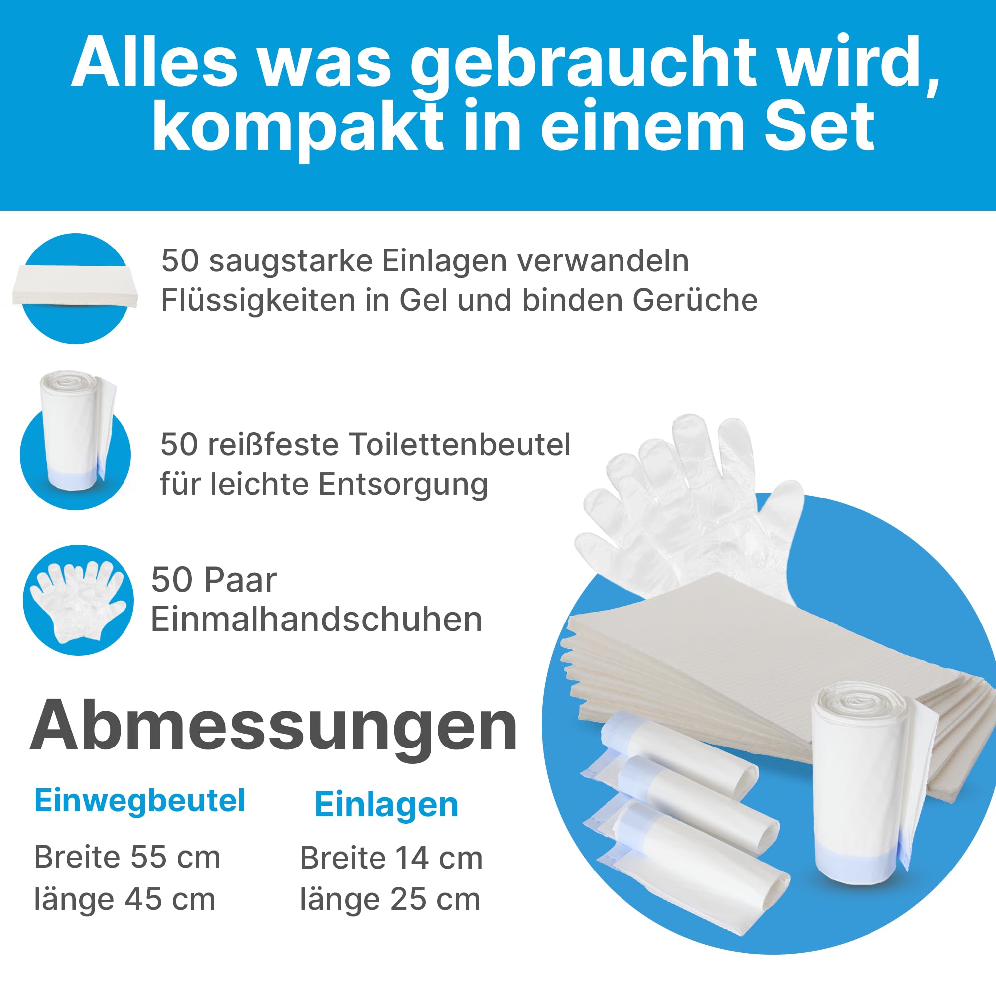 50er Set dichte Toilettenbeutel und saugstarke Einlagen, inkl. 50 Paar Handschuhe, reißfest und auslaufsicher, hygienisch und geruchsbindend ideal für Bettpfanne, Toilettenstuhl und Camping