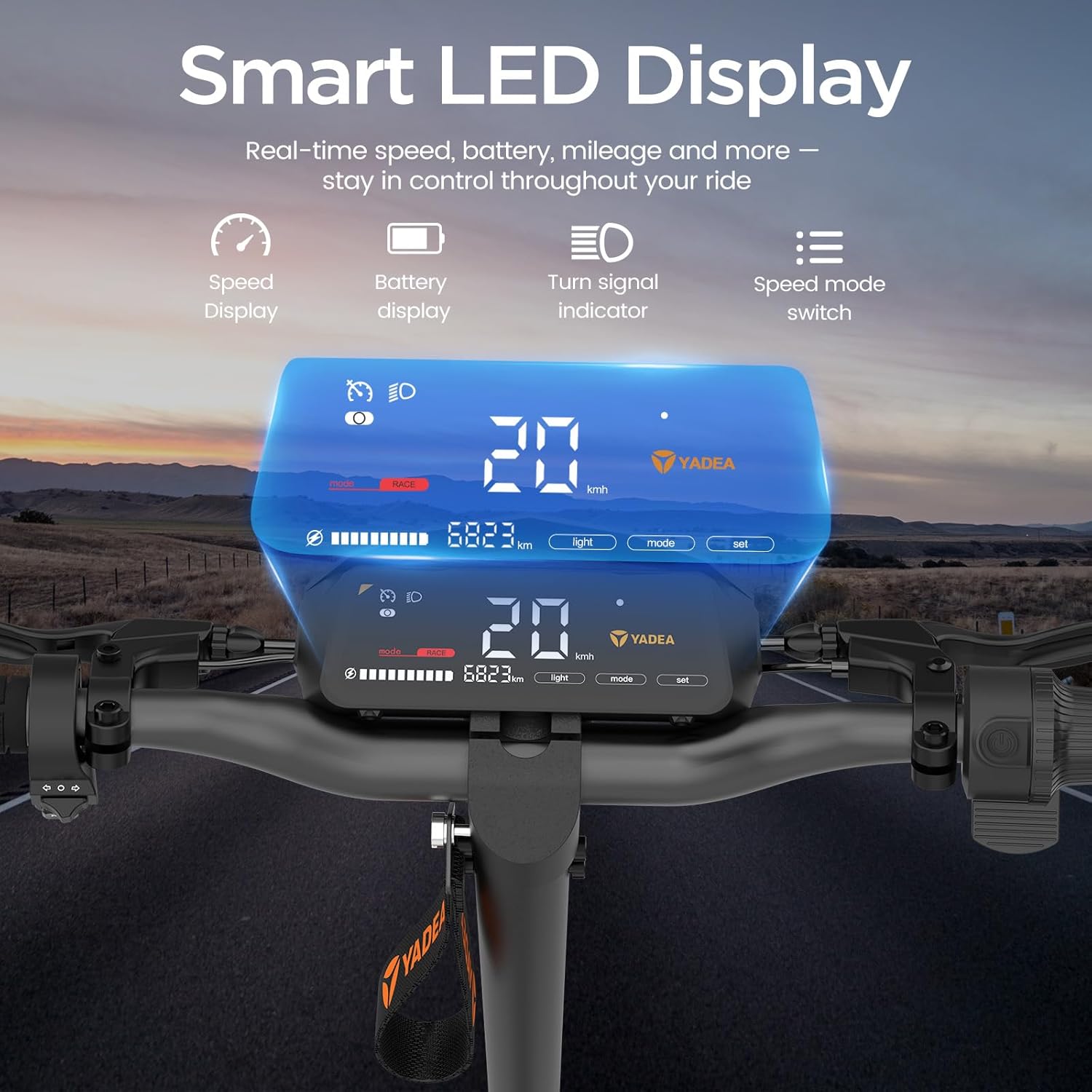 Yadea G10 Smart LED Display showing speed, battery, mileage, and mode indicators.