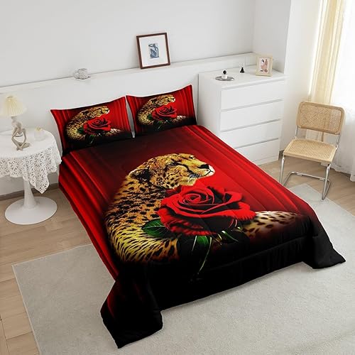 Miniatura 2 de Erosebridal Juego de ropa de cama con diseño de rosa de guepardo, juego de edredón abstracto degradado, tamaño Queen, estampado de leopardo, flores,