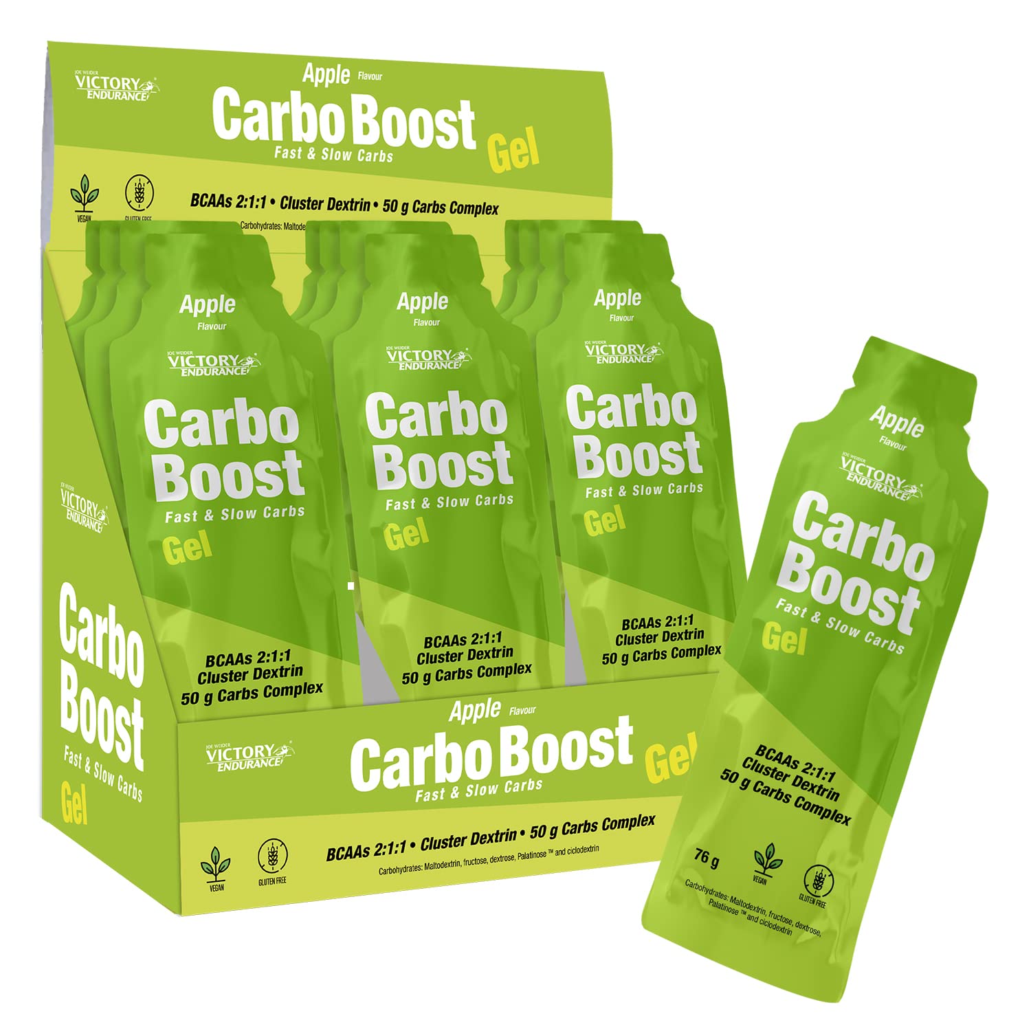 Victory Endurance Carbo Boost Gel. Goût Pomme Verte (18 x 76 g). Energie immediate. Pour l'exercice longue durée. Complexe d'Hydrates de Carbone, BCAAs et Sodium. Sans Caféine. Sans gluten, Vegan.