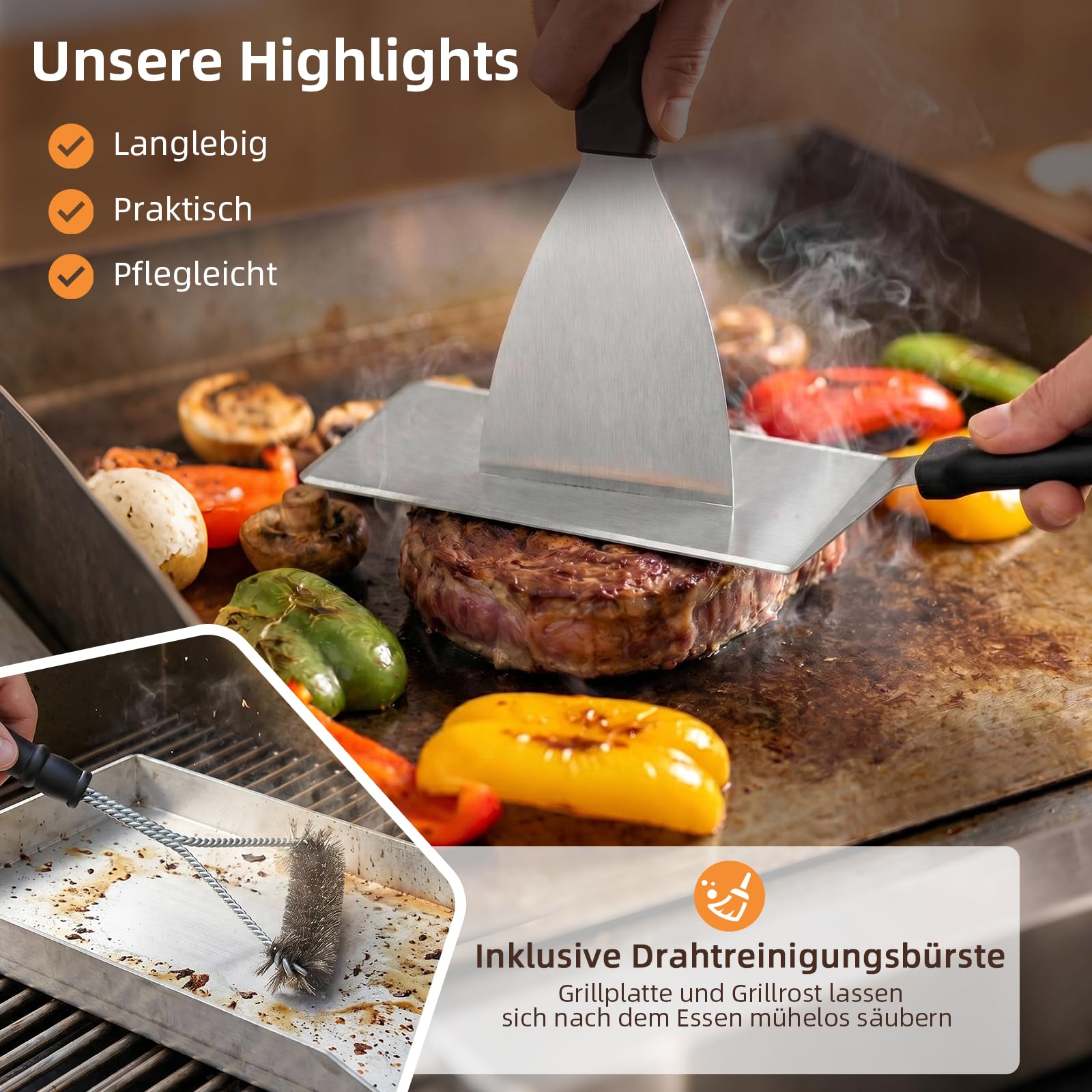 SMOOL Plancha de acero inoxidable de 30 x 20 cm, para barbacoa de gas, | Barbacoa de carbón y parrilla eléctrica, juego de plancha con espátula, brochetas y cepillo de limpieza para camping y