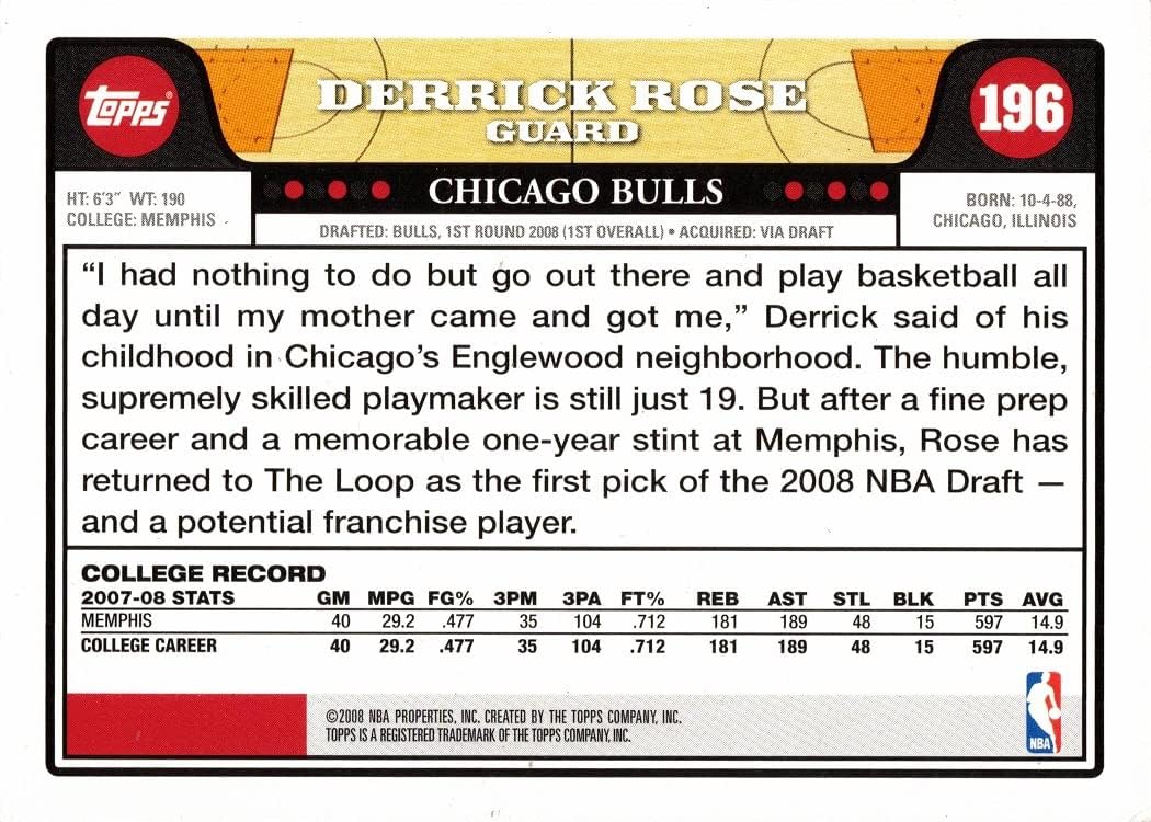 2008-09 Topps Basketball Gold Foil #196 Derrick Rose Rookie Card