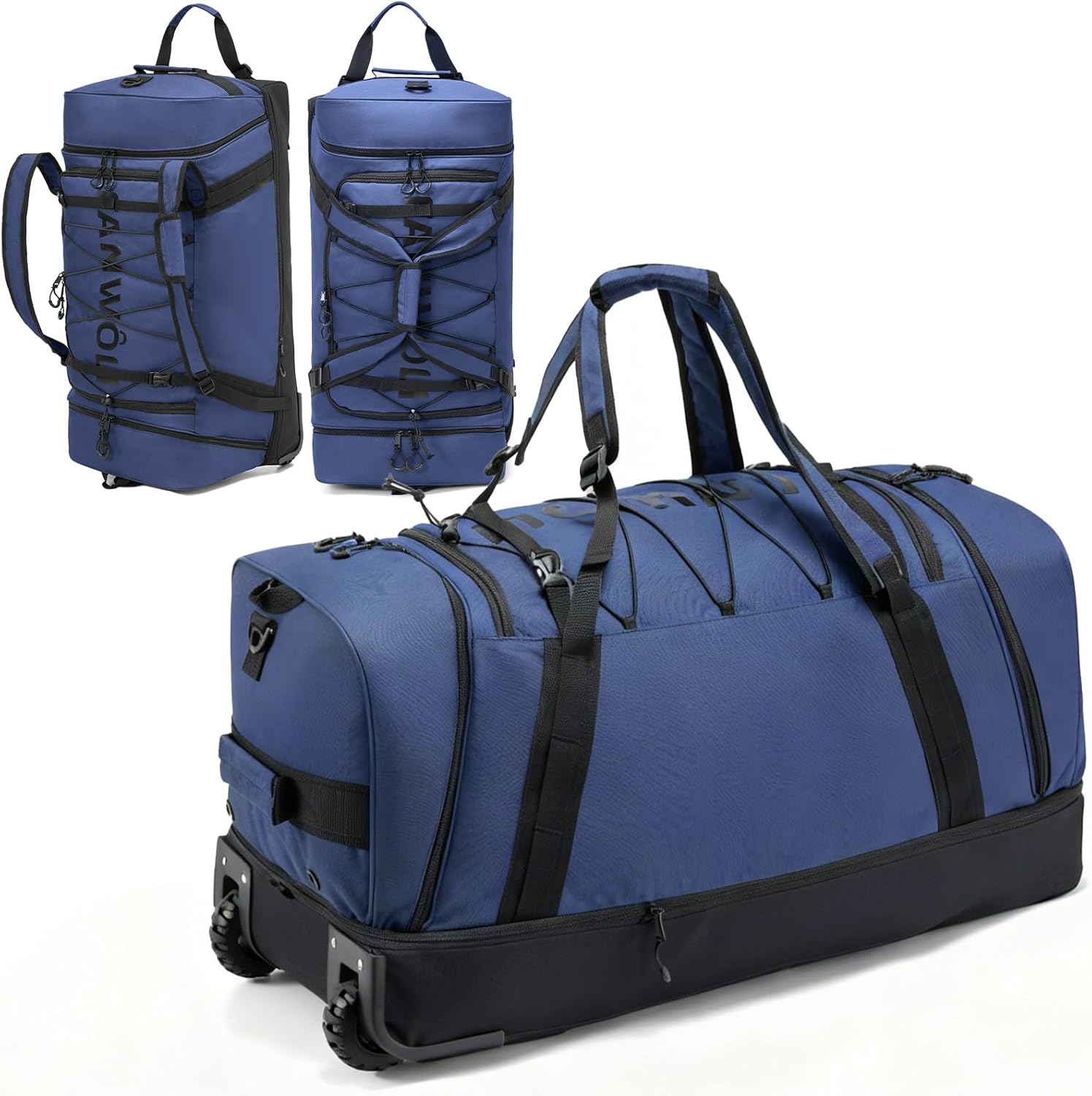 Fanwoli 85L 100L Large Rolling Duffle Bag with Shoes Compartment, 30’’ Expandable & Foldable Heavy Duty Water Resistant Travel Backpack, Convertible Foldable Duffel for Gym Camping Weekender