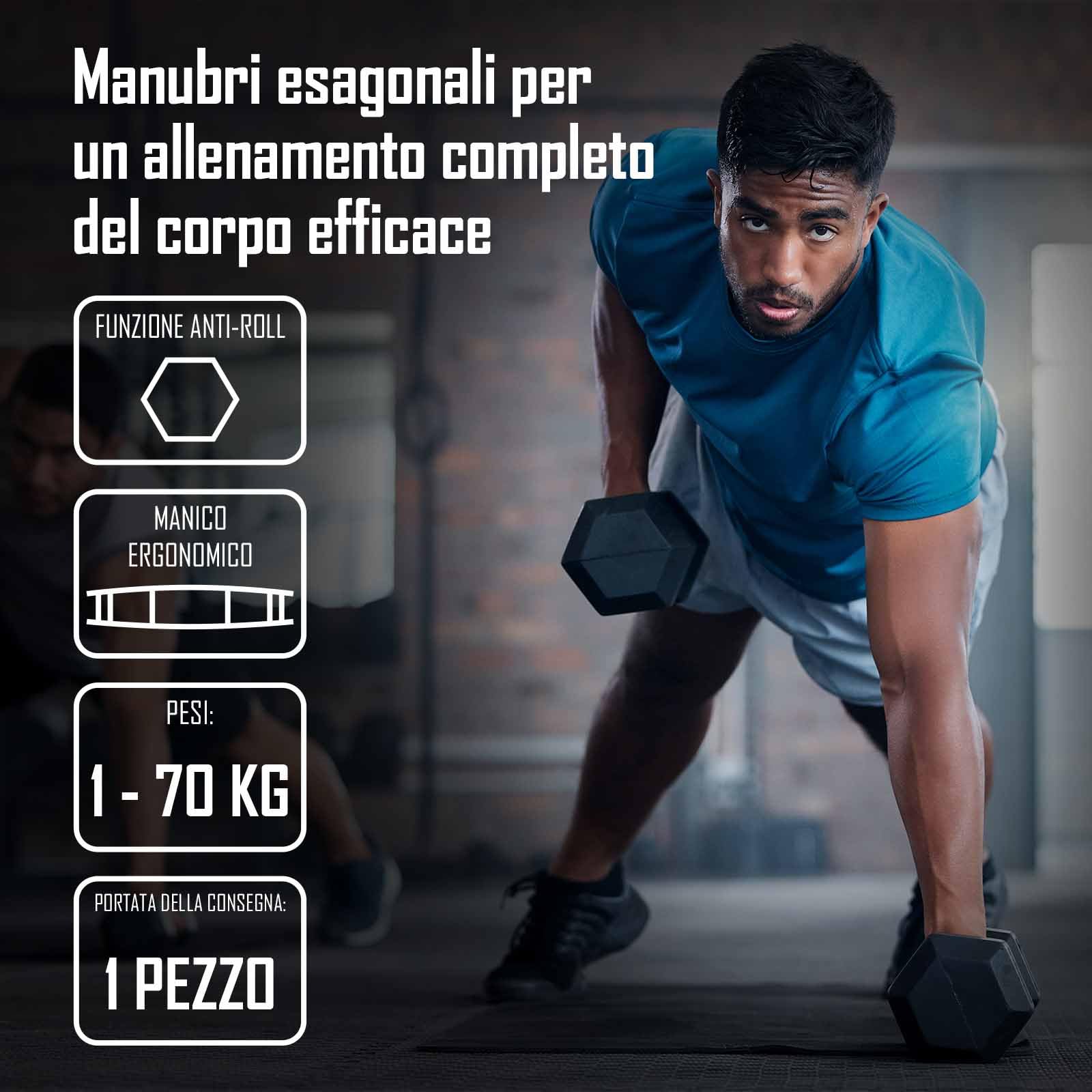 Strength Shop Manubri Palestra Anti-Roll (1-70kg), Pesi Palestra in Acciaio Temprato con Rivestimento in Gomma Resistente, Impugnatura Ergonomica, Dumbbells per Allenamento Completo del Corpo