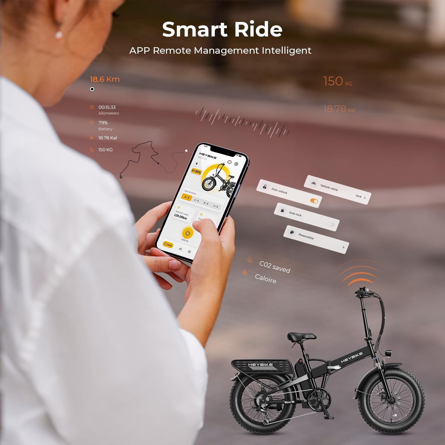 Heybike Mars 2.0 LCD display showing speed, PAS level, and ride data
