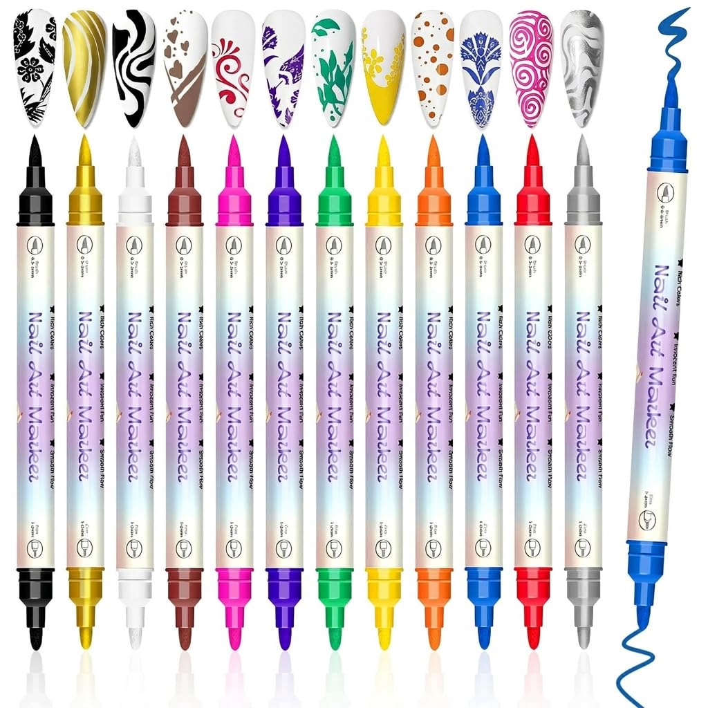 MAYCREATE® 12 Colors Nail Art Pens Set, Dual-Ended Art Markers, Polish Pens with 0.5-5mm and 1-2mm Tip, Quick-drying for Home Salon, Adult Kids, DIY Nails Design-picture-54