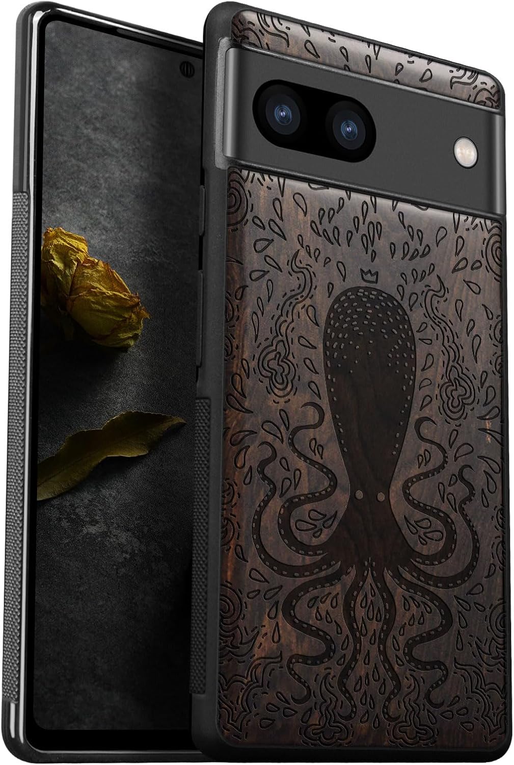Carveit Wood Case for Pixel 8 Case [Natural Wood & Black Soft TPU] Shockproof Protective Cover Unique Wooden Design Compatible with Google Pixel 8 (Geometric Figure-Blackwood)