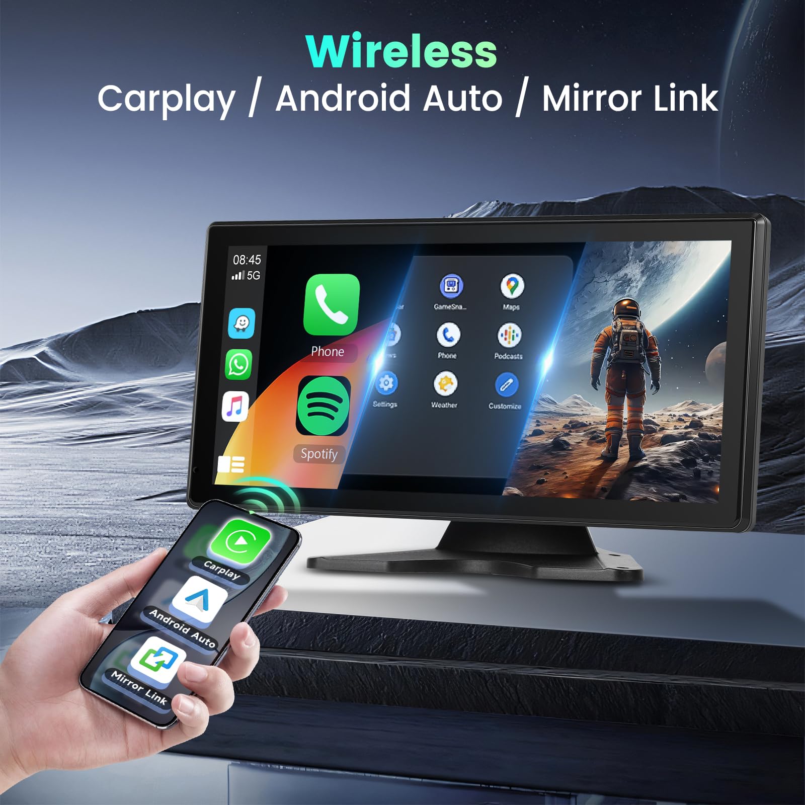 Hodozzy Rückfahrkamera Monitor 2 Kameras Wireless Carplay Android Auto,10,36 Zoll HD IPS Touch Screen Bildschirm,Tragbares Autoradio mit Bluetooth Mirrorlink Video-schleifenaufzeichnung FM AUX USB
