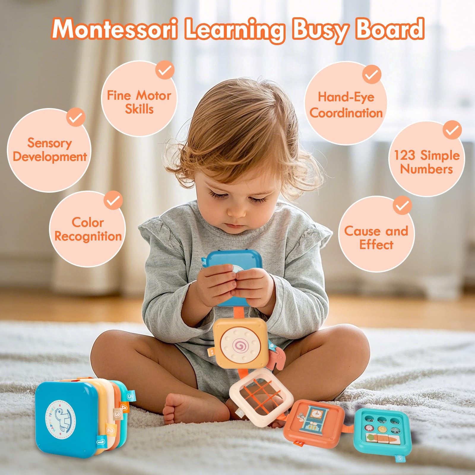 Kostka aktywności dla niemowląt 1, 2, 3 lata, Busy Board, zabawka Montessori, sensoryczne, zabawki podróżne samolotem dla dzieci, zajęcia edukacyjne, gry dla dzieci, prezenty